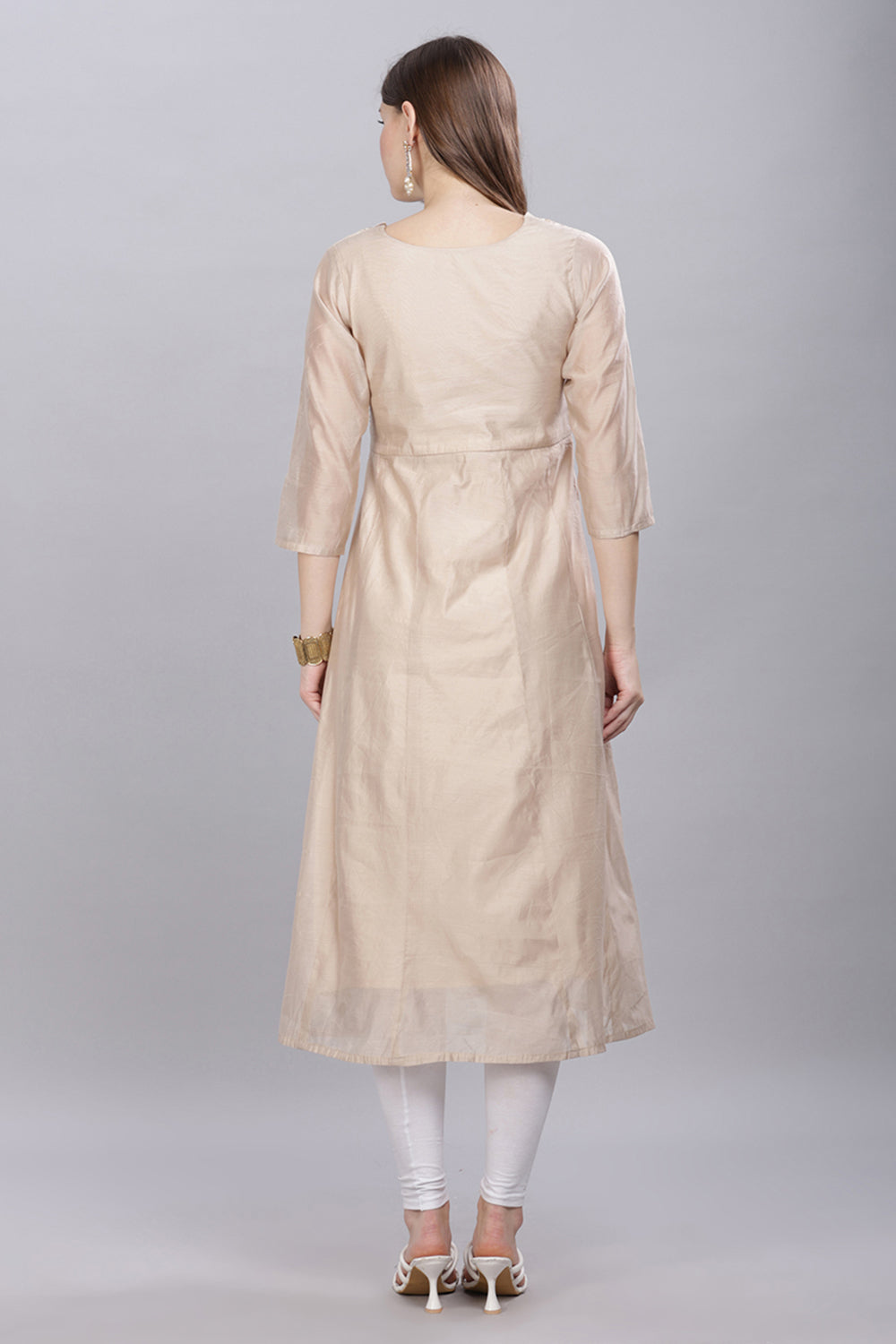 Mythri Round Neck With Pleat Detail Anarkali Kurta With 3/4 Sleeves  - Beige - KU54