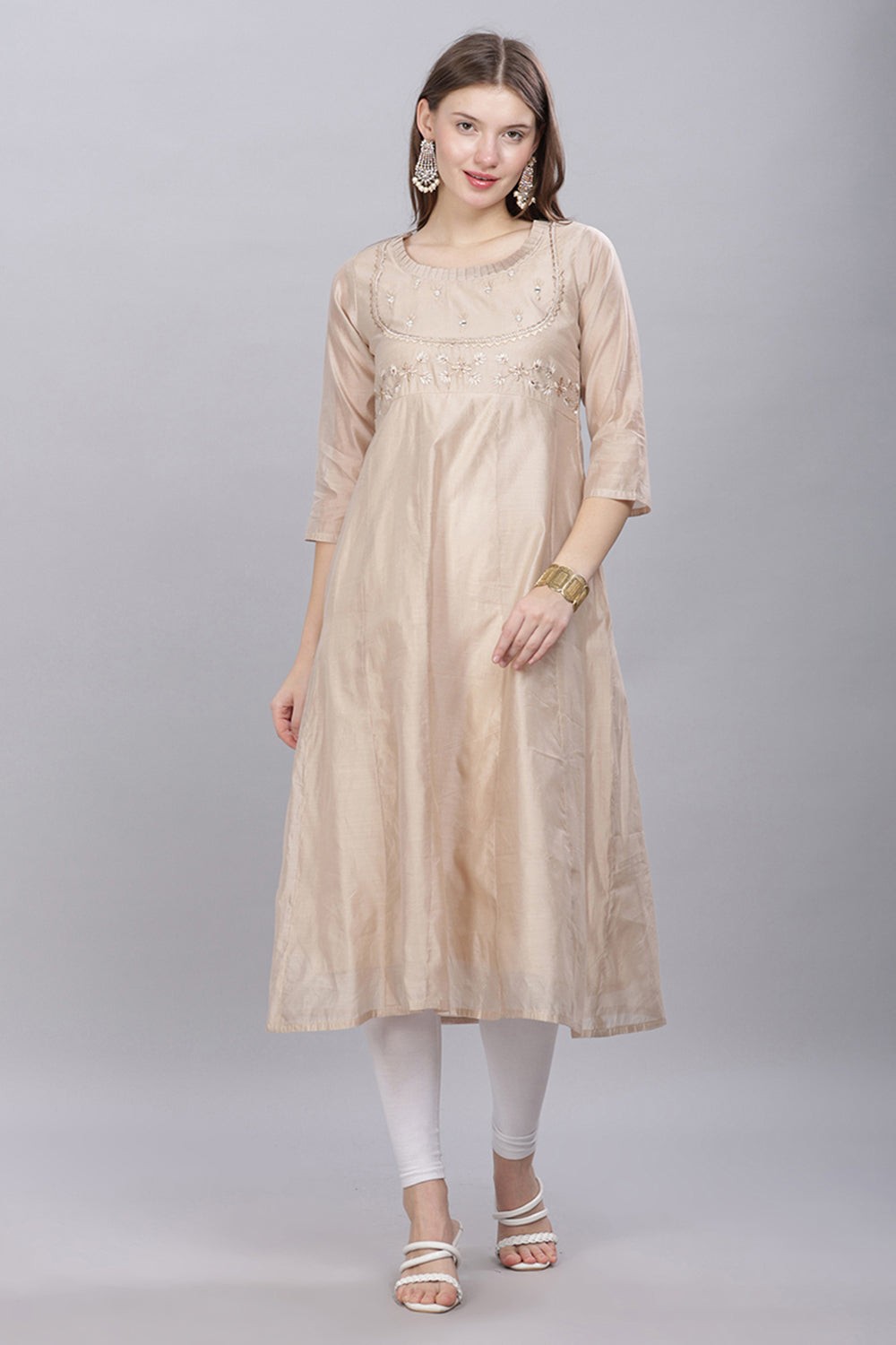 Mythri Round Neck With Pleat Detail Anarkali Kurta With 3/4 Sleeves  - Beige - KU54