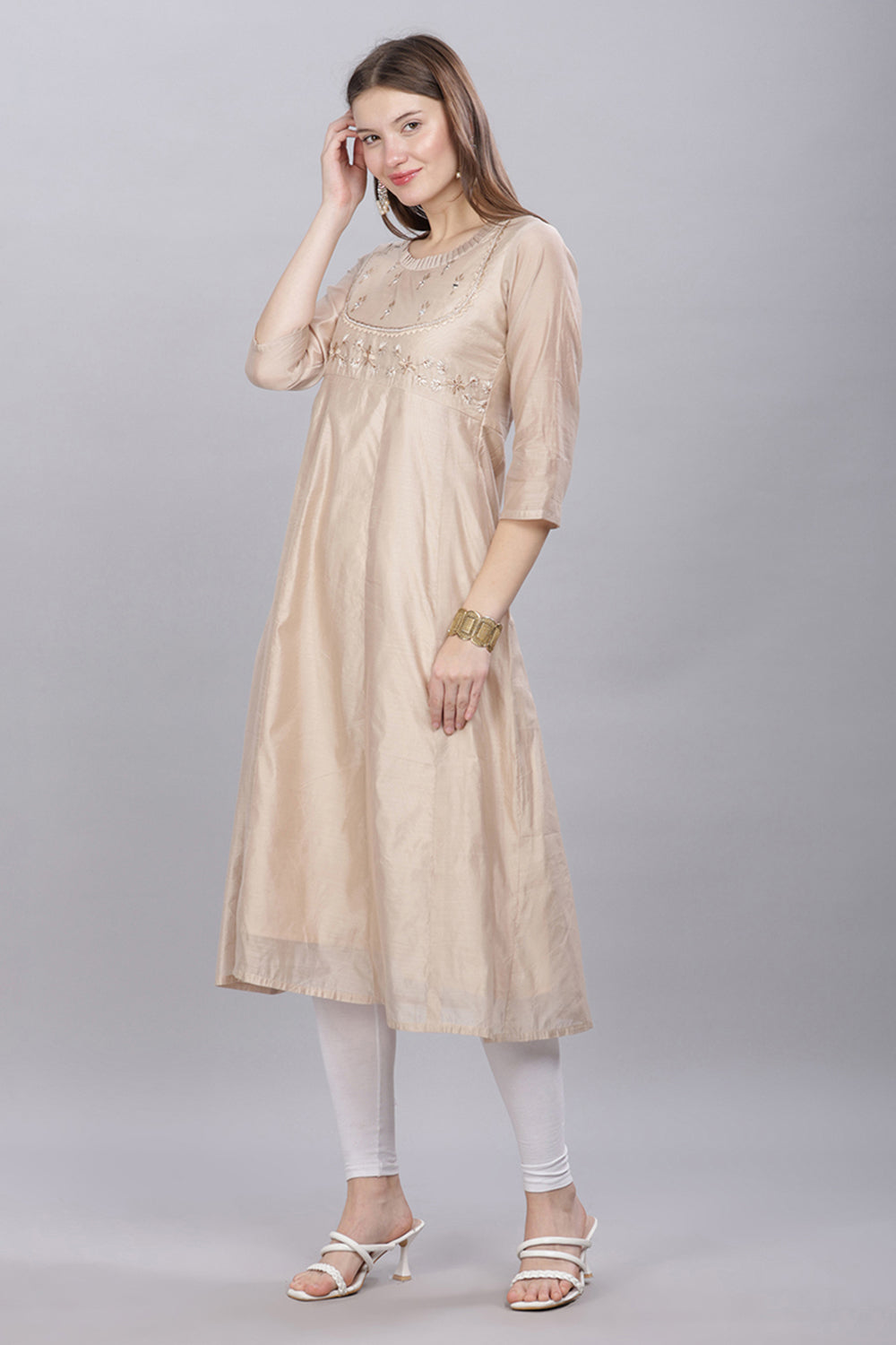 Mythri Round Neck With Pleat Detail Anarkali Kurta With 3/4 Sleeves  - Beige - KU54