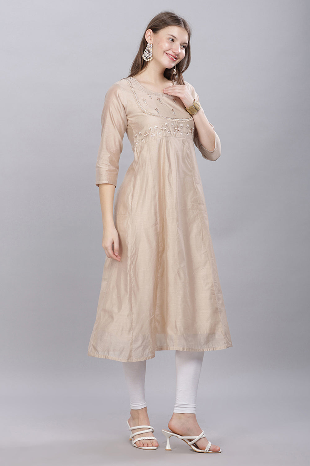 Mythri Round Neck With Pleat Detail Anarkali Kurta With 3/4 Sleeves  - Beige - KU54