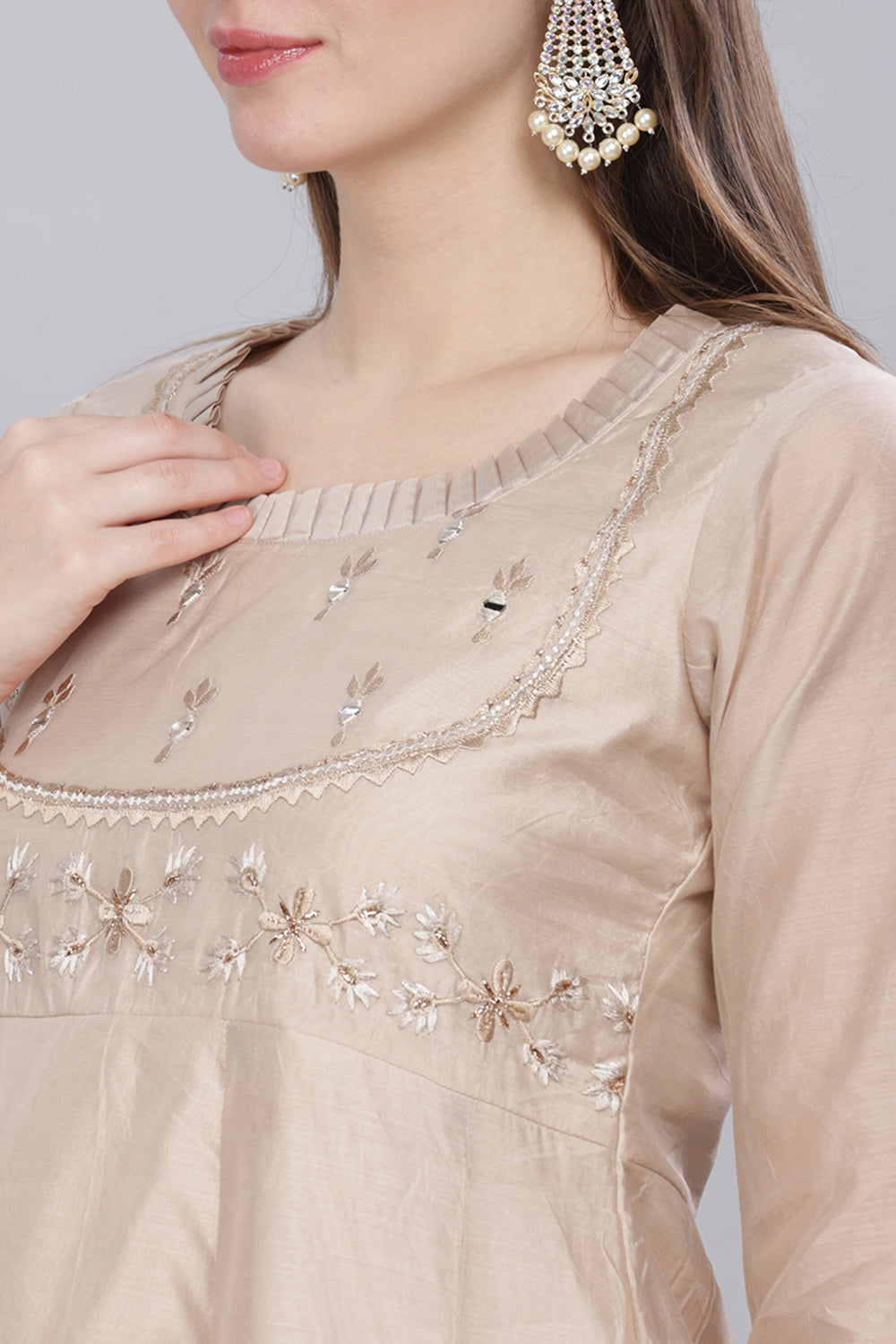 Mythri Round Neck With Pleat Detail Anarkali Kurta With 3/4 Sleeves  - Beige - KU54