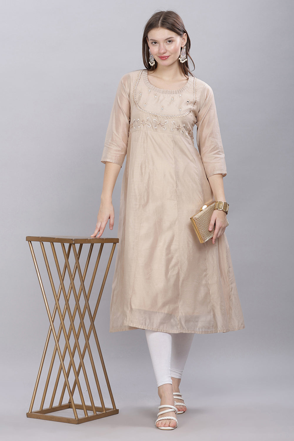 Mythri Round Neck With Pleat Detail Anarkali Kurta With 3/4 Sleeves  - Beige - KU54