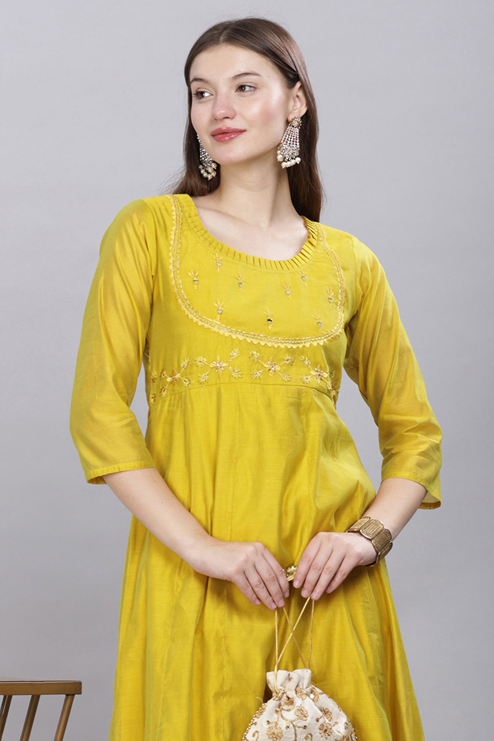 Mythri Round Neck With Pleat Detail Anarkali Kurta With 3/4 Sleeves  - Light Green - KU57