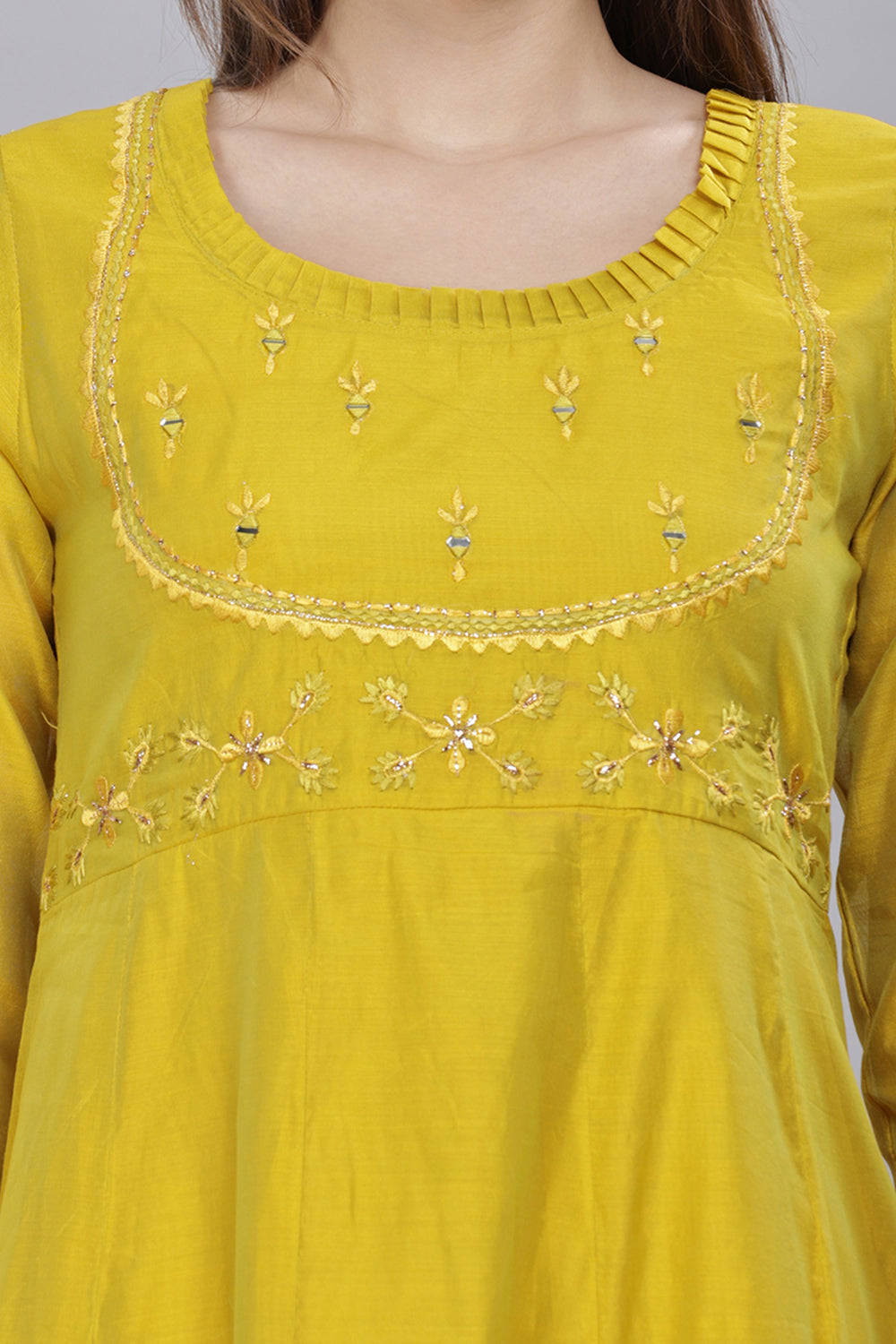 Mythri Round Neck With Pleat Detail Anarkali Kurta With 3/4 Sleeves  - Light Green - KU57