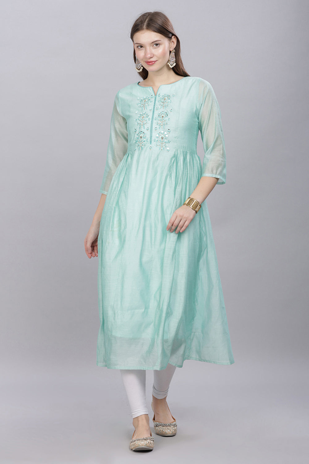 Mythri Round Neck Anarkali Kurta With 3/4 Sleeves  - Blue - KU50