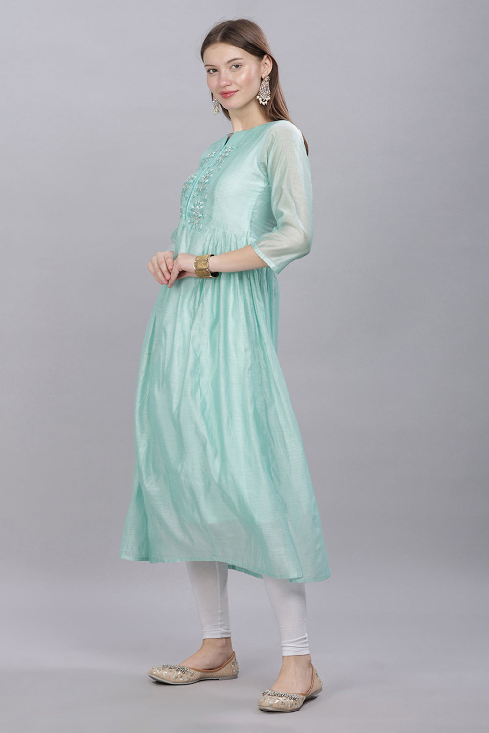 Mythri Round Neck Anarkali Kurta With 3/4 Sleeves  - Blue - KU50