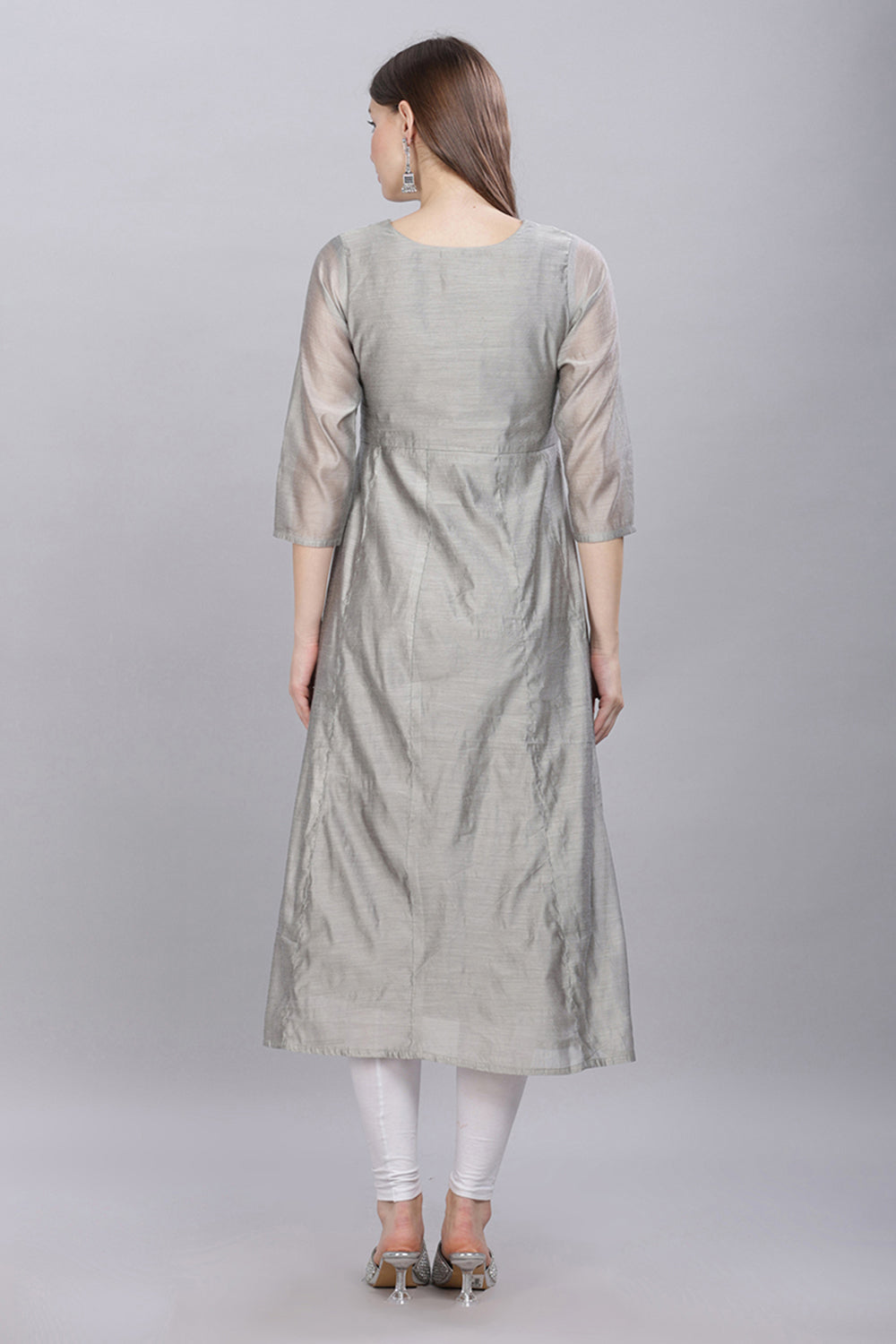 Mythri Round Neck With Pleat Detail Anarkali Kurta With 3/4 Sleeves  - Grey - KU56