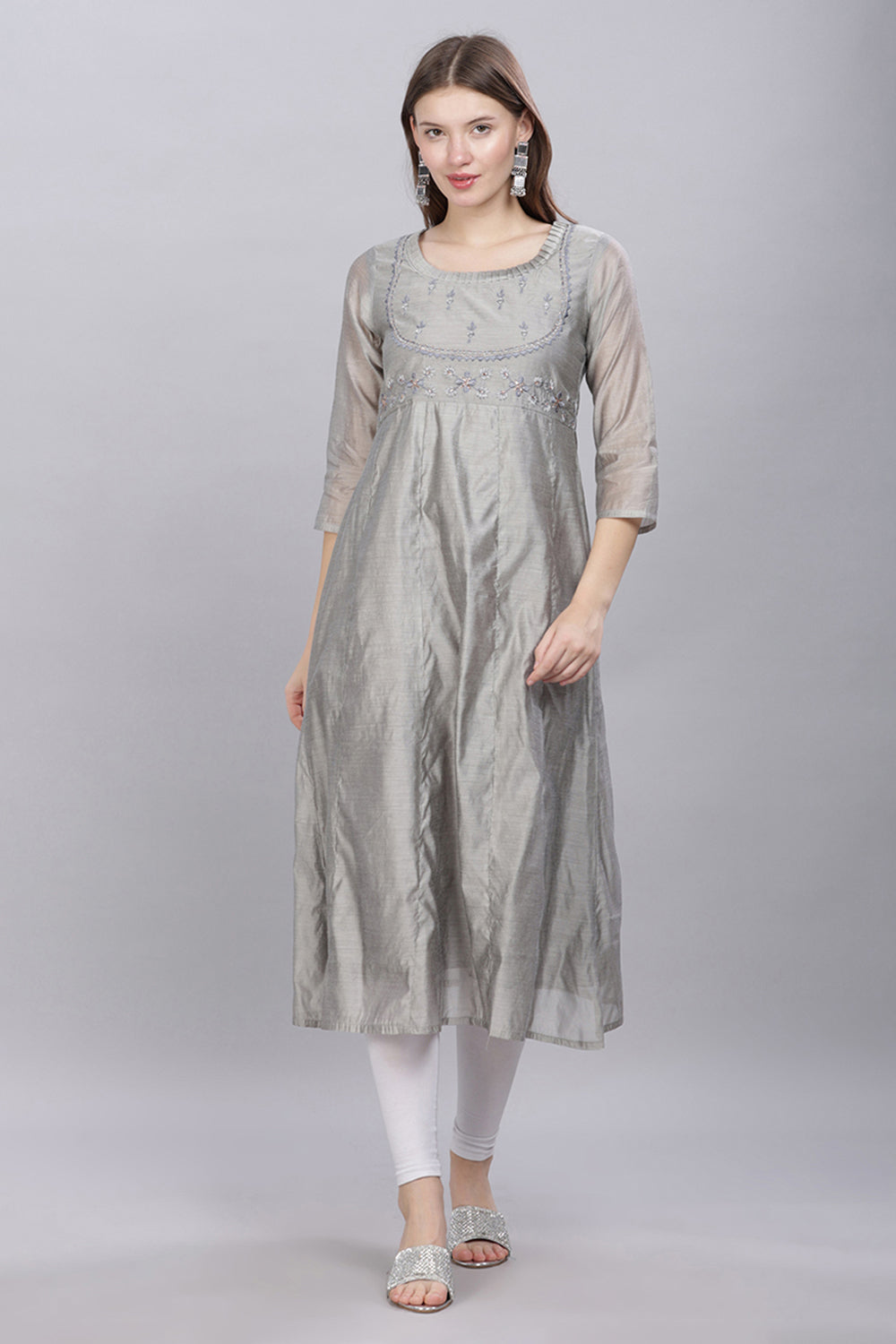 Mythri Round Neck With Pleat Detail Anarkali Kurta With 3/4 Sleeves  - Grey - KU56