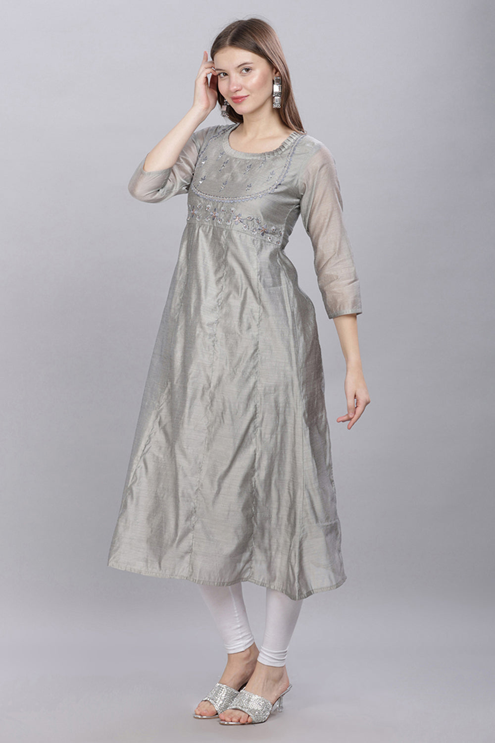 Mythri Round Neck With Pleat Detail Anarkali Kurta With 3/4 Sleeves  - Grey - KU56