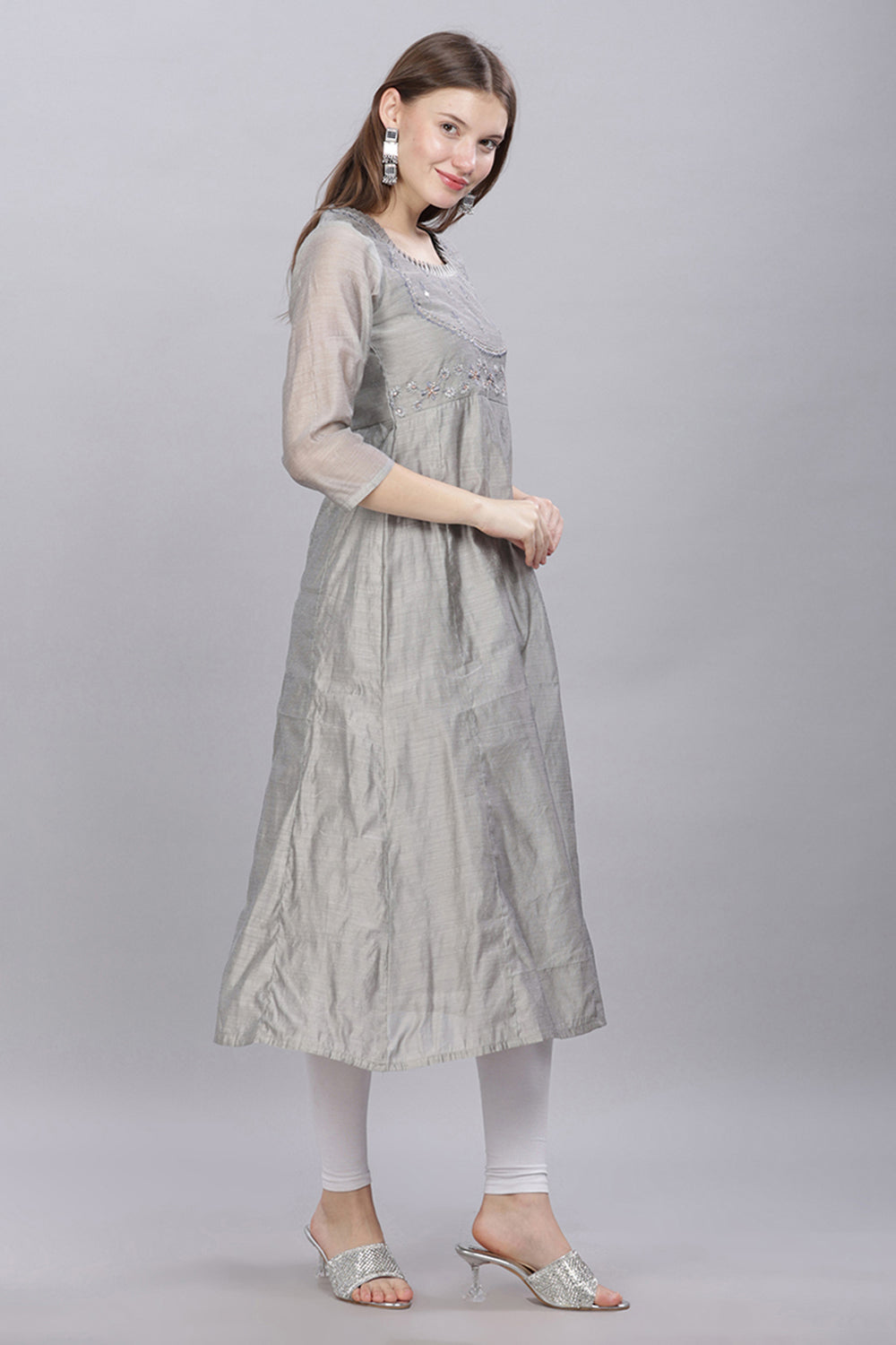 Mythri Round Neck With Pleat Detail Anarkali Kurta With 3/4 Sleeves  - Grey - KU56