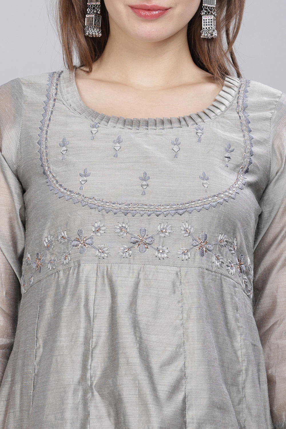 Mythri Round Neck With Pleat Detail Anarkali Kurta With 3/4 Sleeves  - Grey - KU56