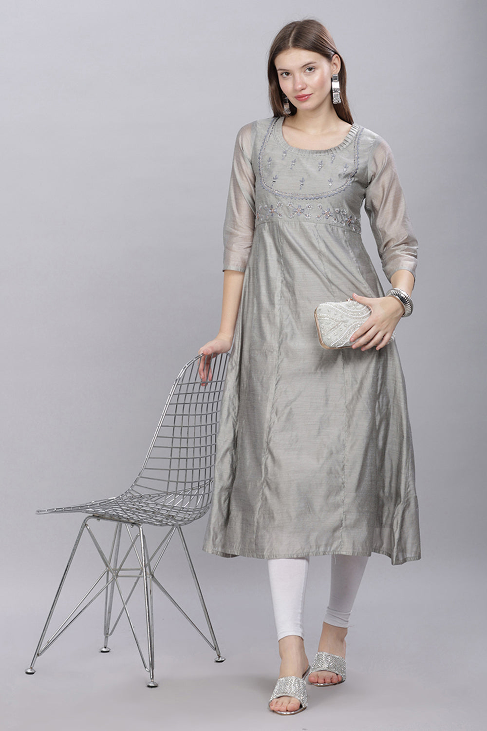 Mythri Round Neck With Pleat Detail Anarkali Kurta With 3/4 Sleeves  - Grey - KU56