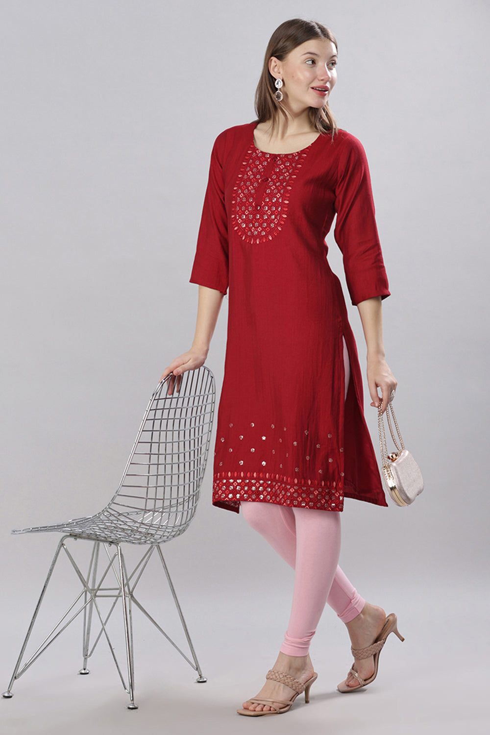 Mythri Round Neck Embroidered Kurta With 3/4th Sleeves  - Red - KU59