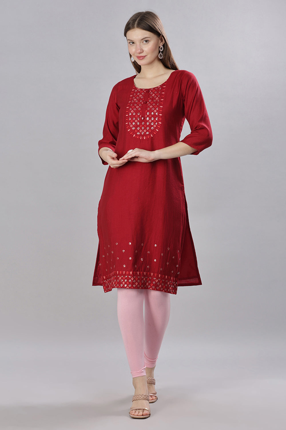 Mythri Round Neck Embroidered Kurta With 3/4th Sleeves  - Red - KU59