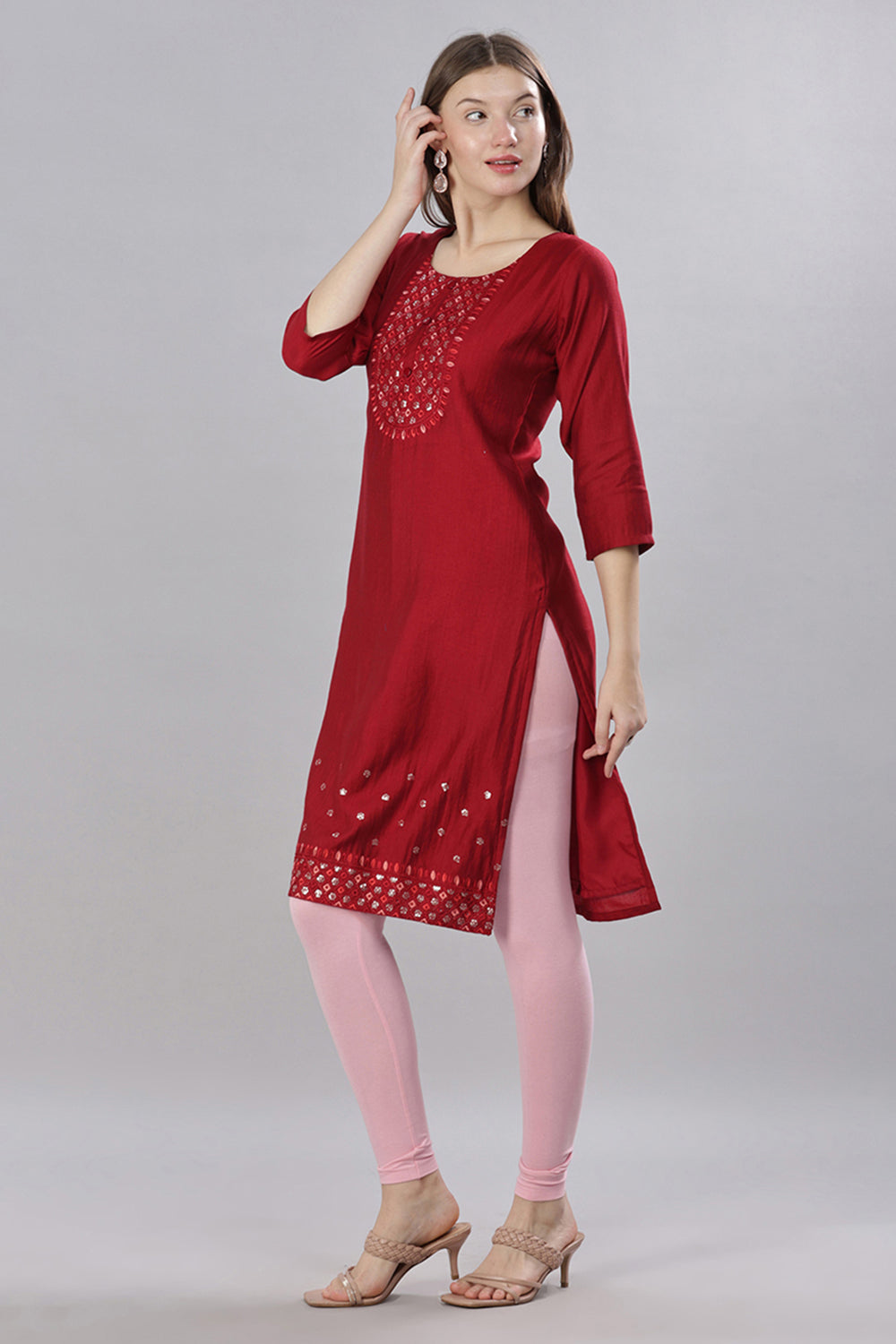 Mythri Round Neck Embroidered Kurta With 3/4th Sleeves  - Red - KU59