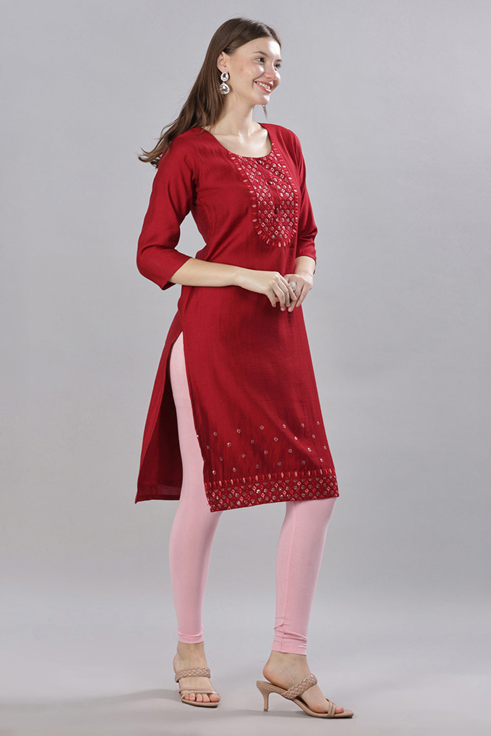 Mythri Round Neck Embroidered Kurta With 3/4th Sleeves  - Red - KU59