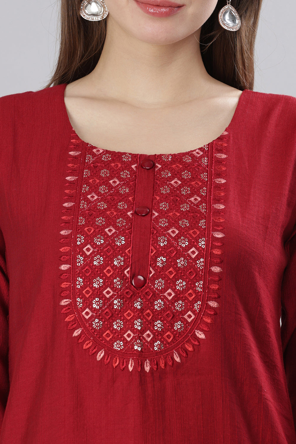 Mythri Round Neck Embroidered Kurta With 3/4th Sleeves  - Red - KU59