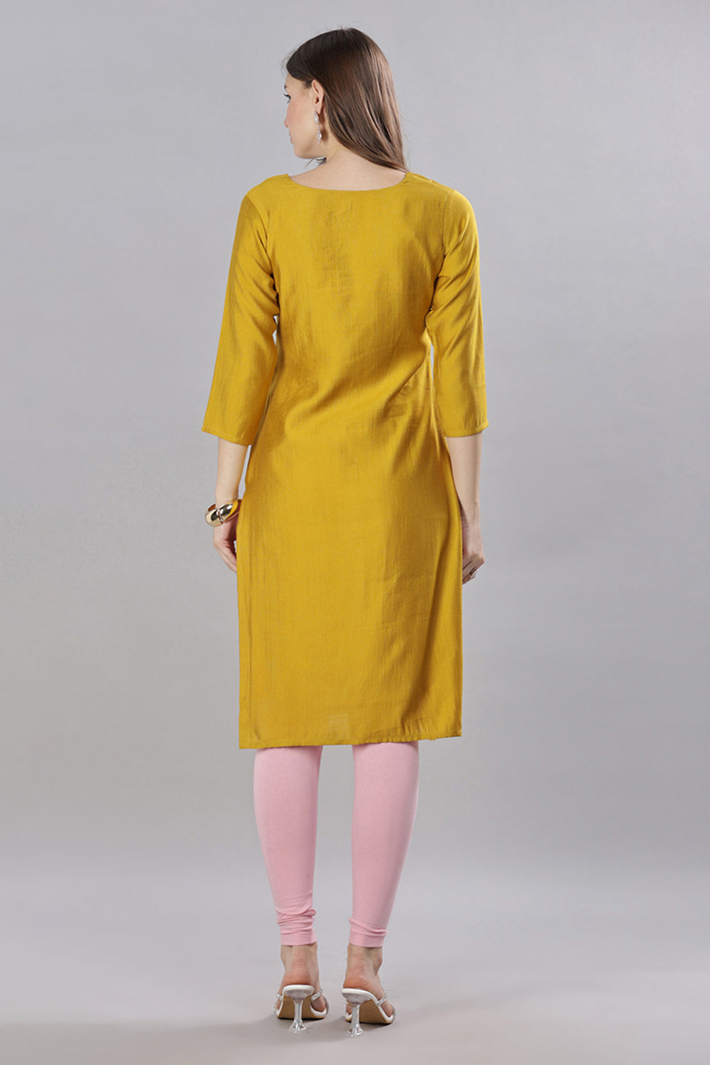 Mythri Round Neck Embroidered Kurta With 3/4th Sleeves  - Mustard - KU58