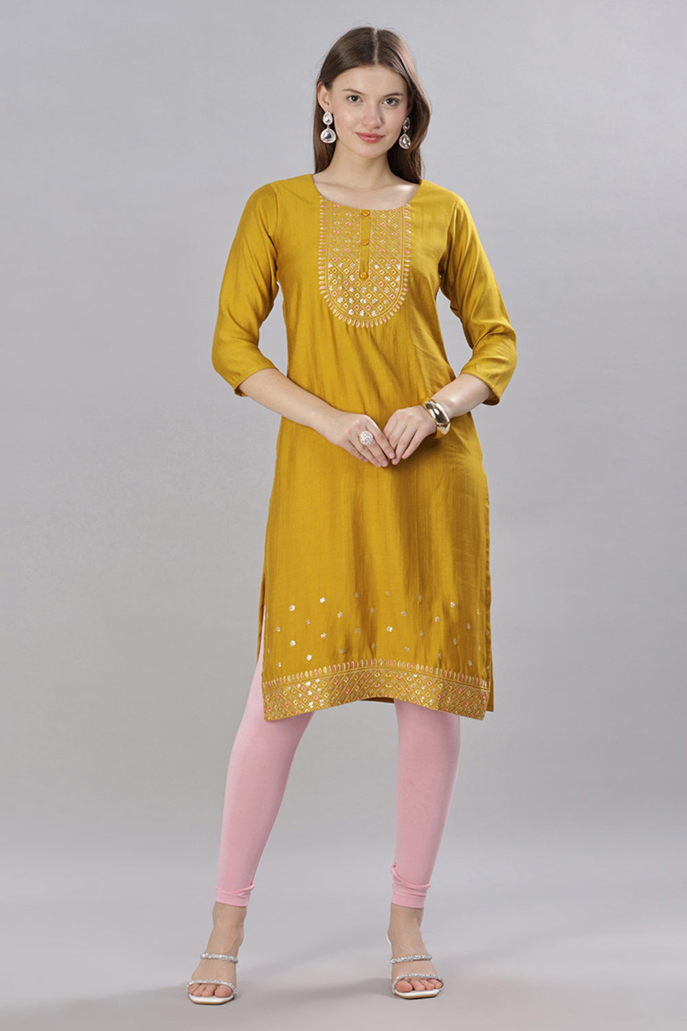 Mythri Round Neck Embroidered Kurta With 3/4th Sleeves  - Mustard - KU58