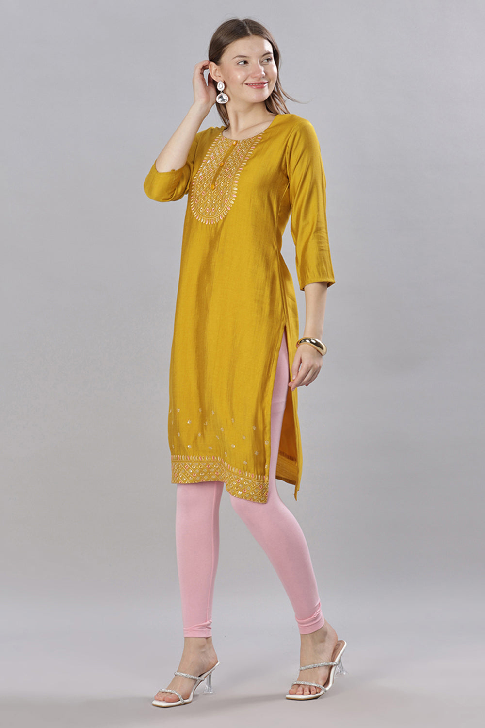 Mythri Round Neck Embroidered Kurta With 3/4th Sleeves  - Mustard - KU58