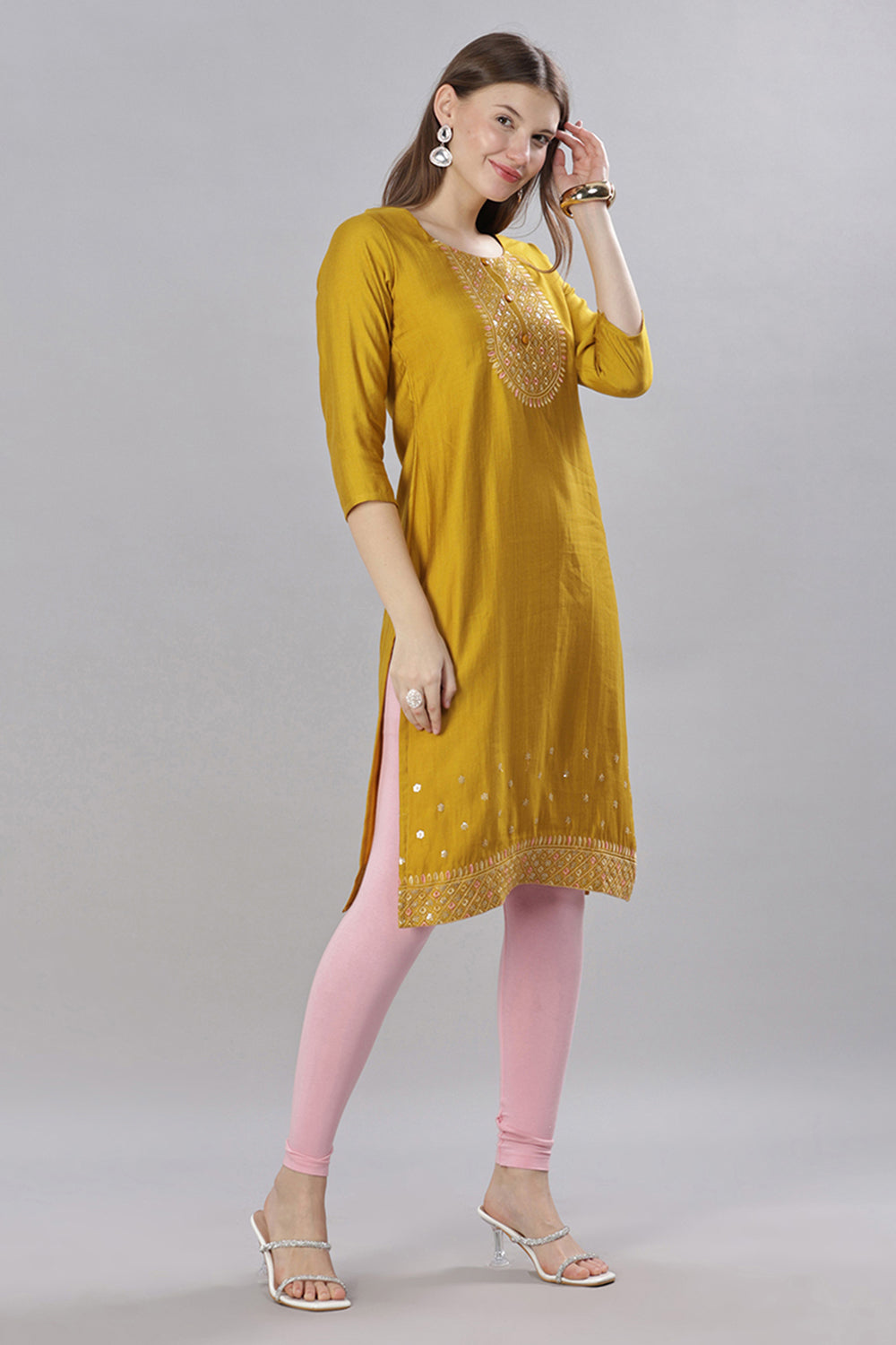 Mythri Round Neck Embroidered Kurta With 3/4th Sleeves  - Mustard - KU58