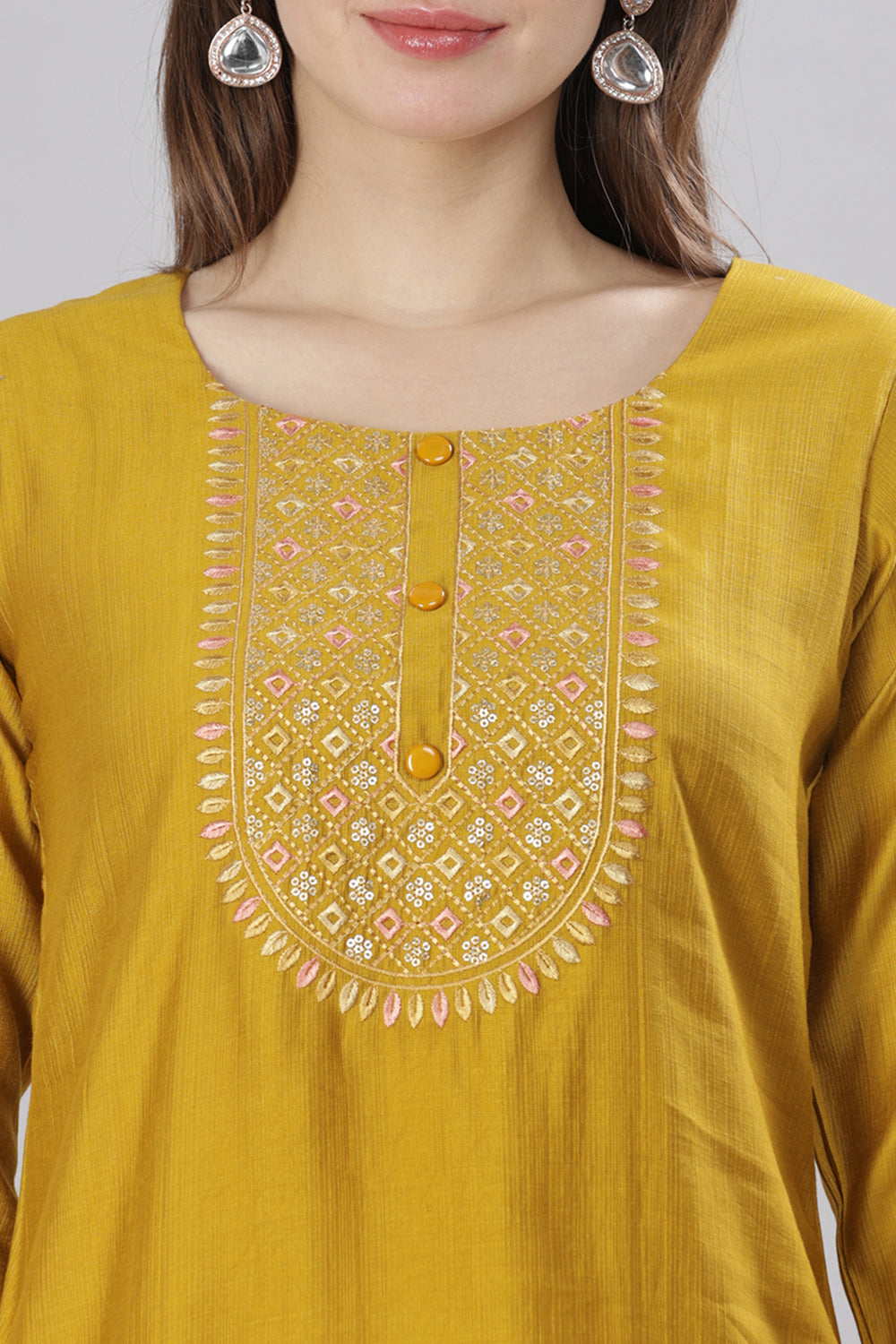 Mythri Round Neck Embroidered Kurta With 3/4th Sleeves  - Mustard - KU58