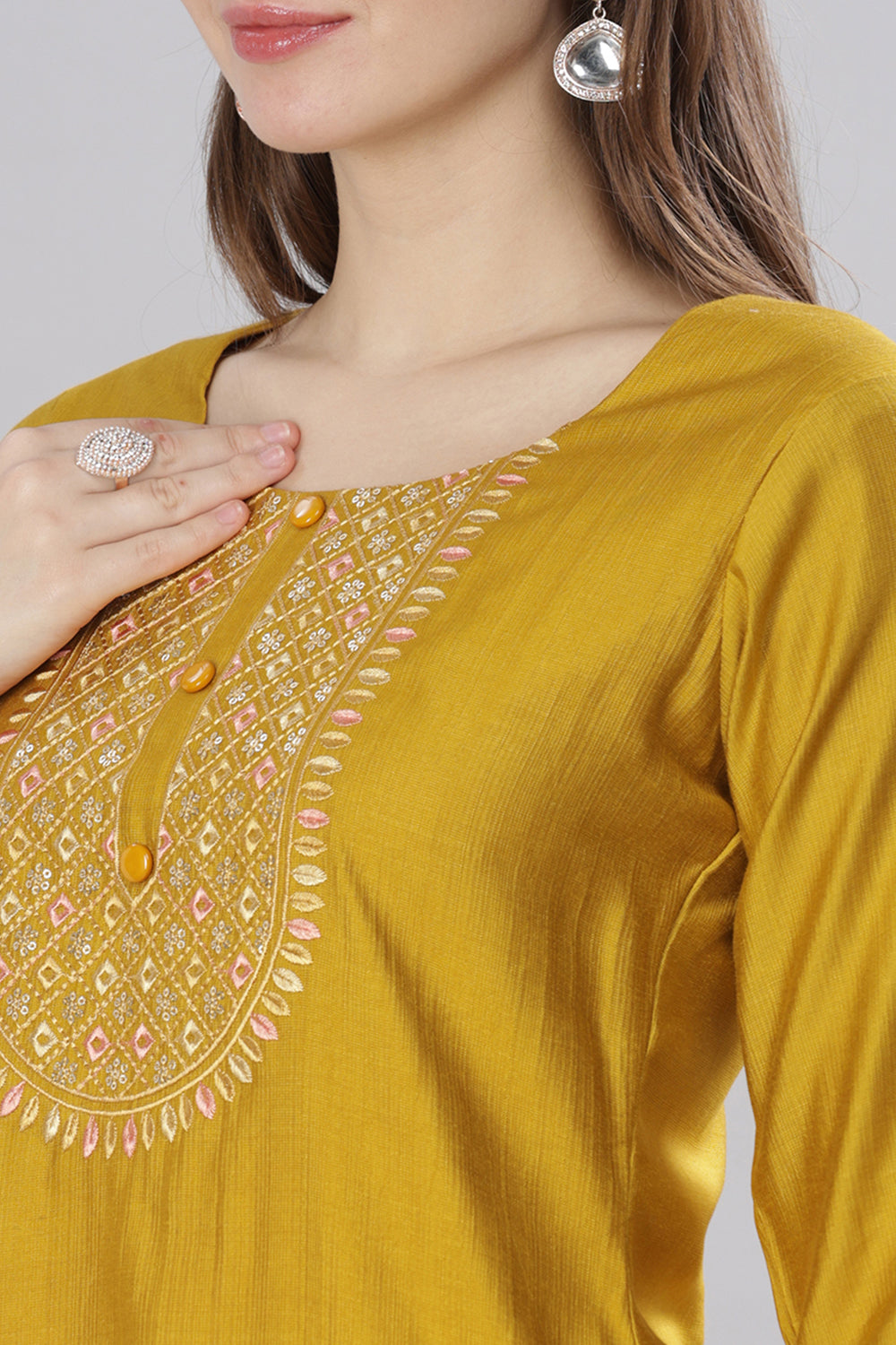 Mythri Round Neck Embroidered Kurta With 3/4th Sleeves  - Mustard - KU58