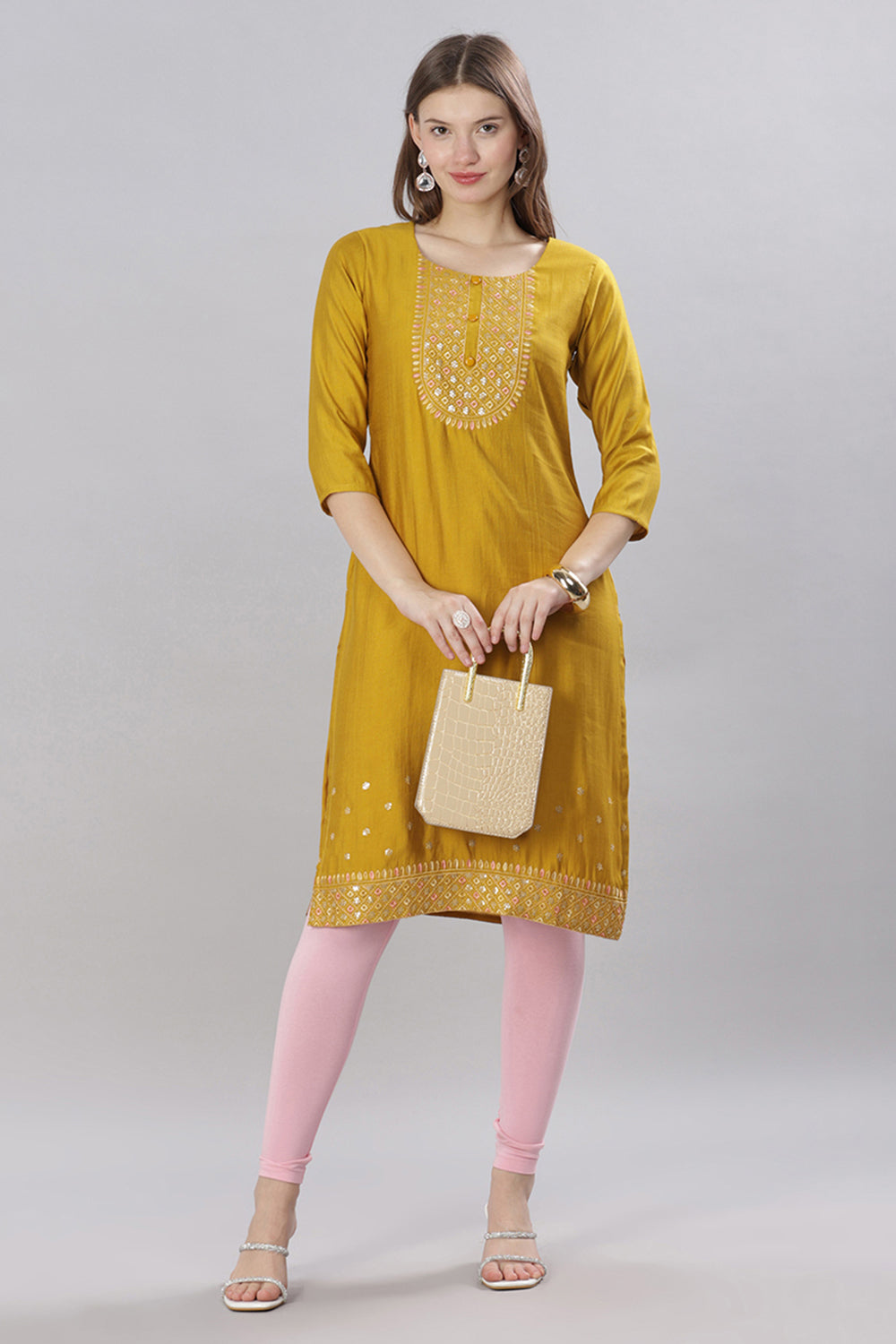 Mythri Round Neck Embroidered Kurta With 3/4th Sleeves  - Mustard - KU58