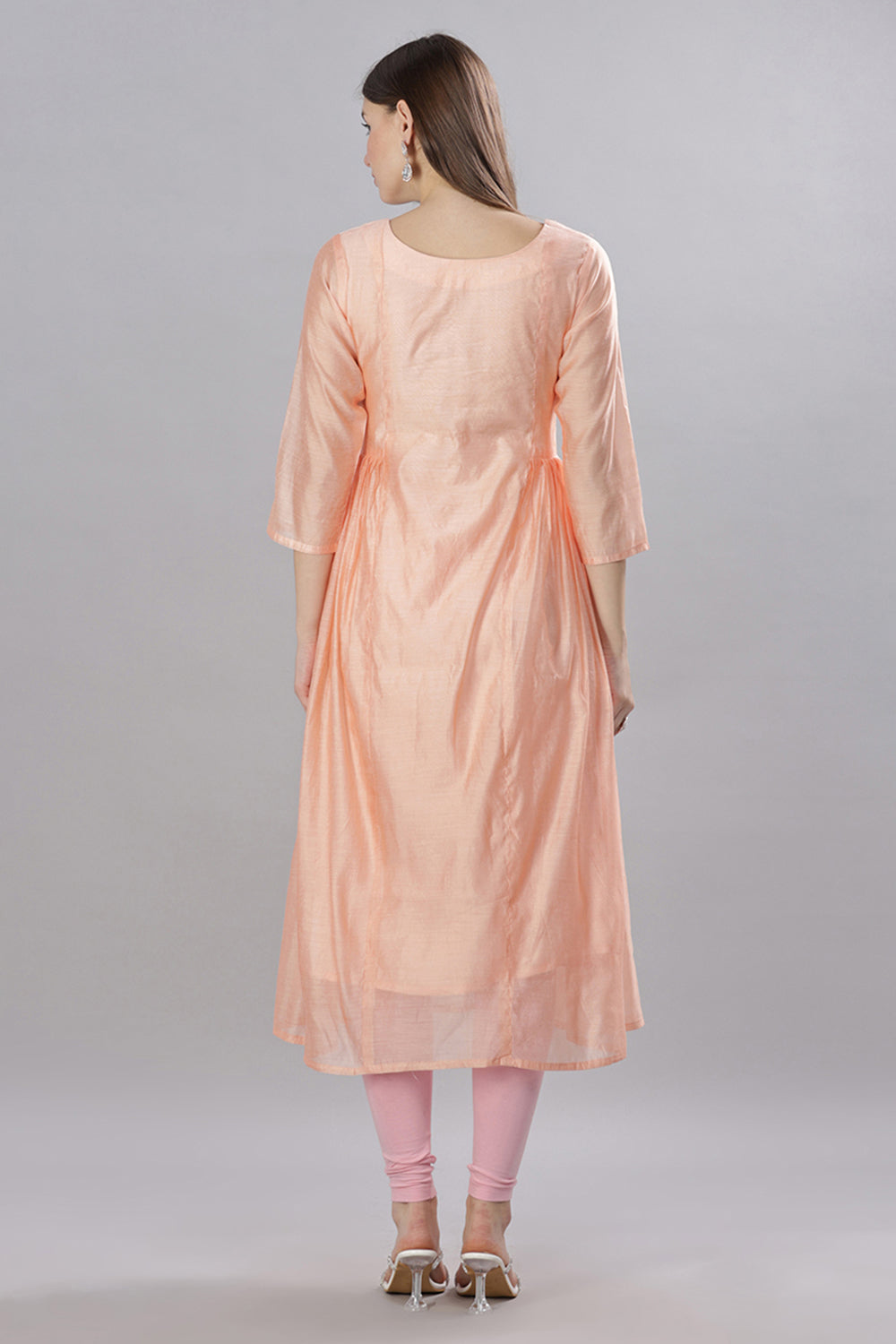 Mythri Round Neck Anarkali Cotton Kurta With 3/4 Sleeves - Peach - KU51