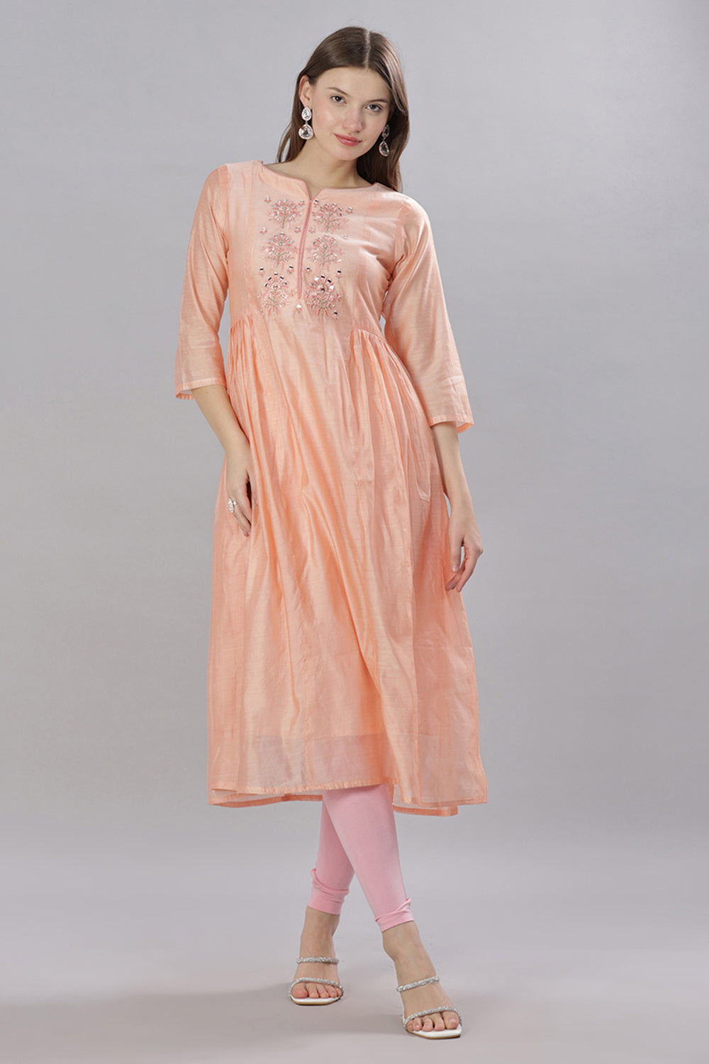 Mythri Round Neck Anarkali Cotton Kurta With 3/4 Sleeves - Peach - KU51