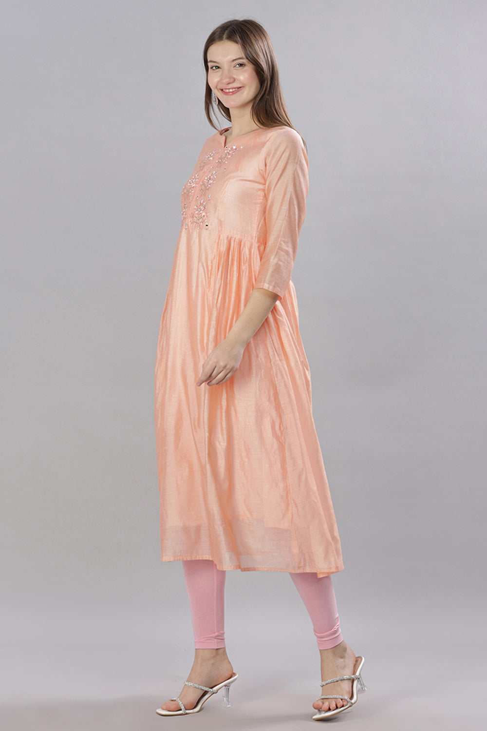 Mythri Round Neck Anarkali Kurta With 3/4 Sleeves  - Peach - KU51