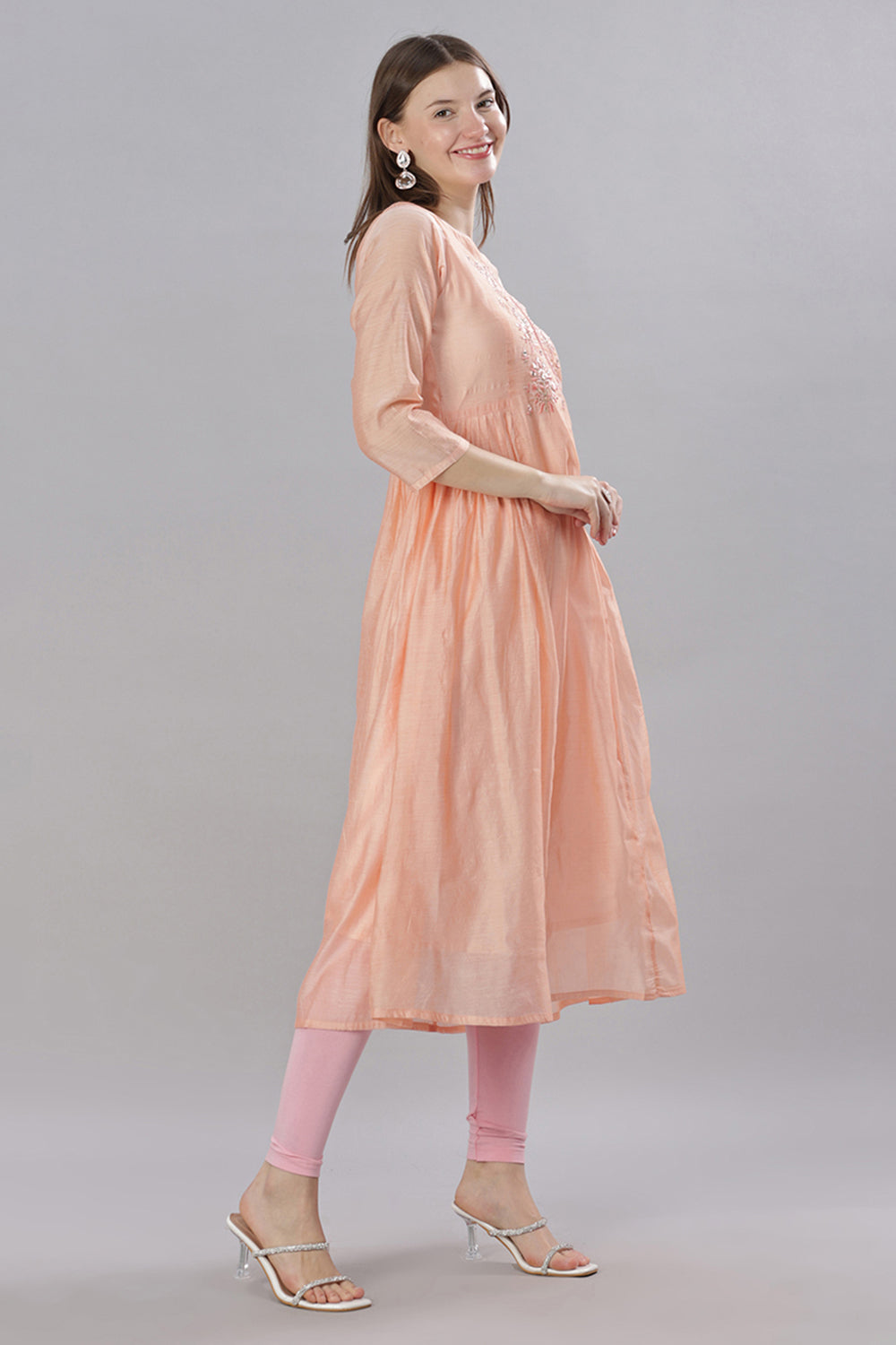 Mythri Round Neck Anarkali Kurta With 3/4 Sleeves  - Peach - KU51