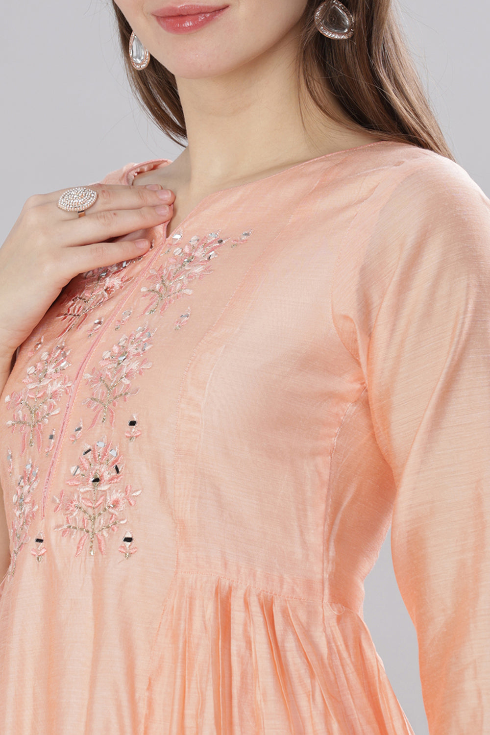 Mythri Round Neck Anarkali Kurta With 3/4 Sleeves  - Peach - KU51