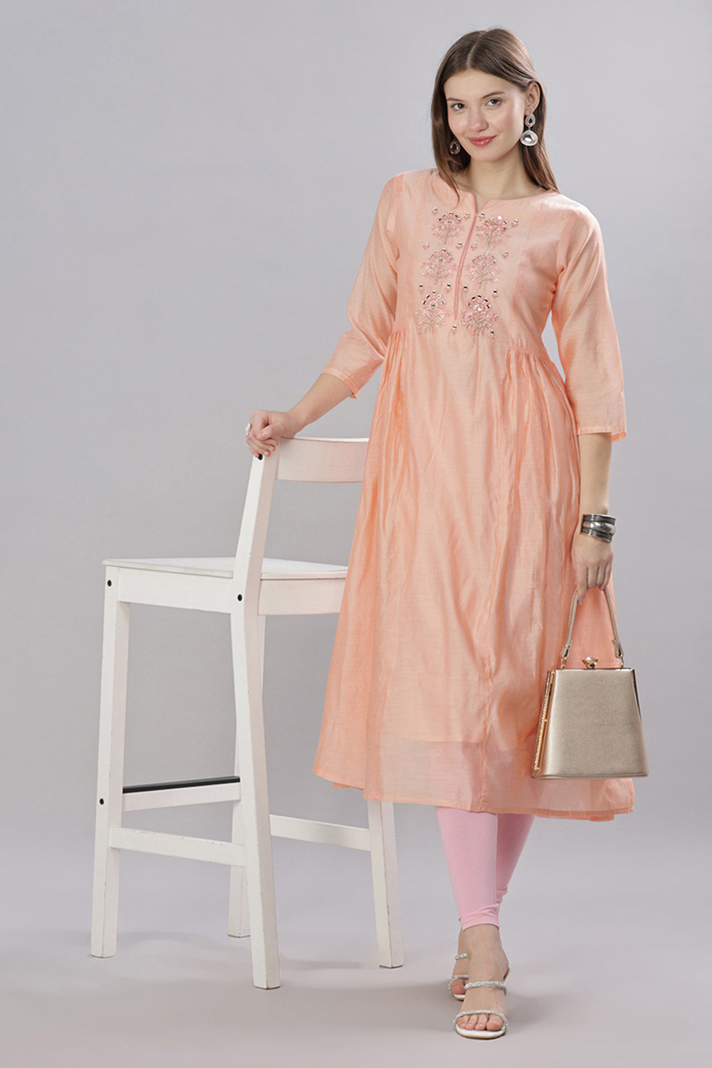 Mythri Round Neck Anarkali Kurta With 3/4 Sleeves  - Peach - KU51