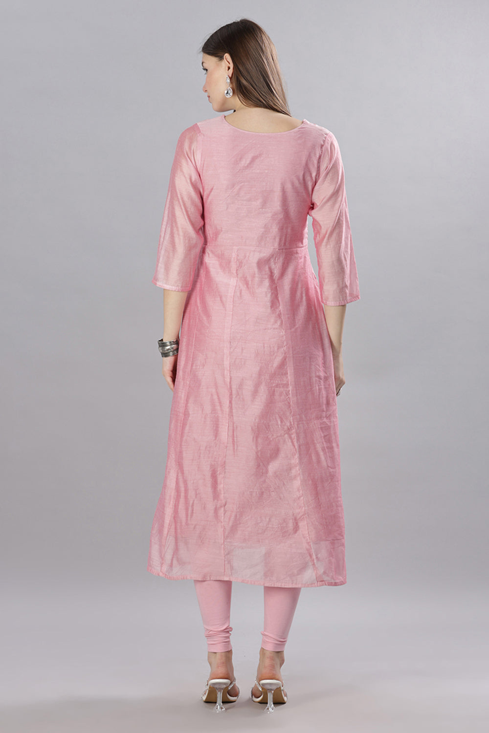 Mythri Round Neck With Pleat Detail Anarkali Kurta With 3/4 Sleeves  - Light Pink - KU55