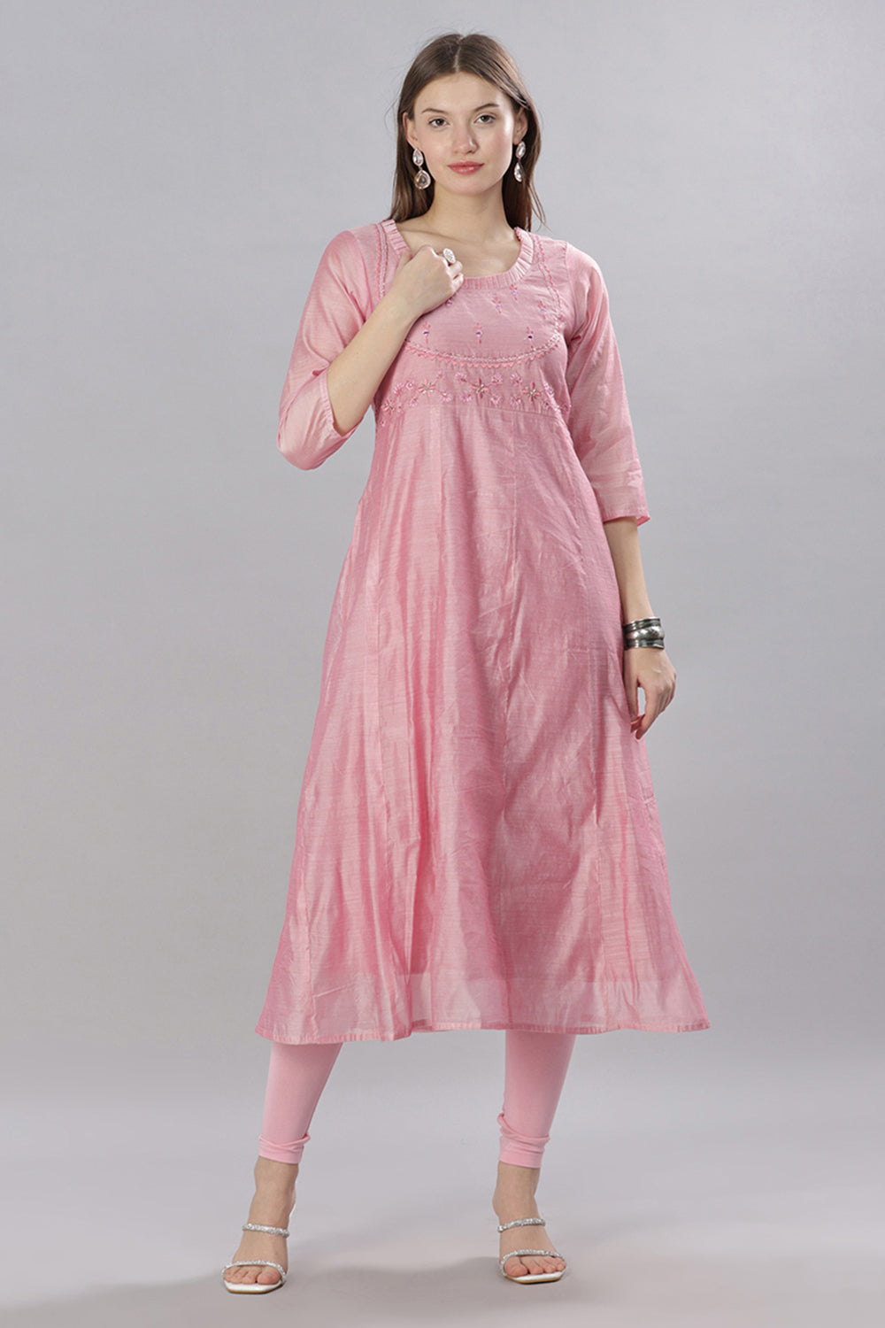 Mythri Round Neck With Pleat Detail Anarkali Kurta With 3/4 Sleeves  - Light Pink - KU55