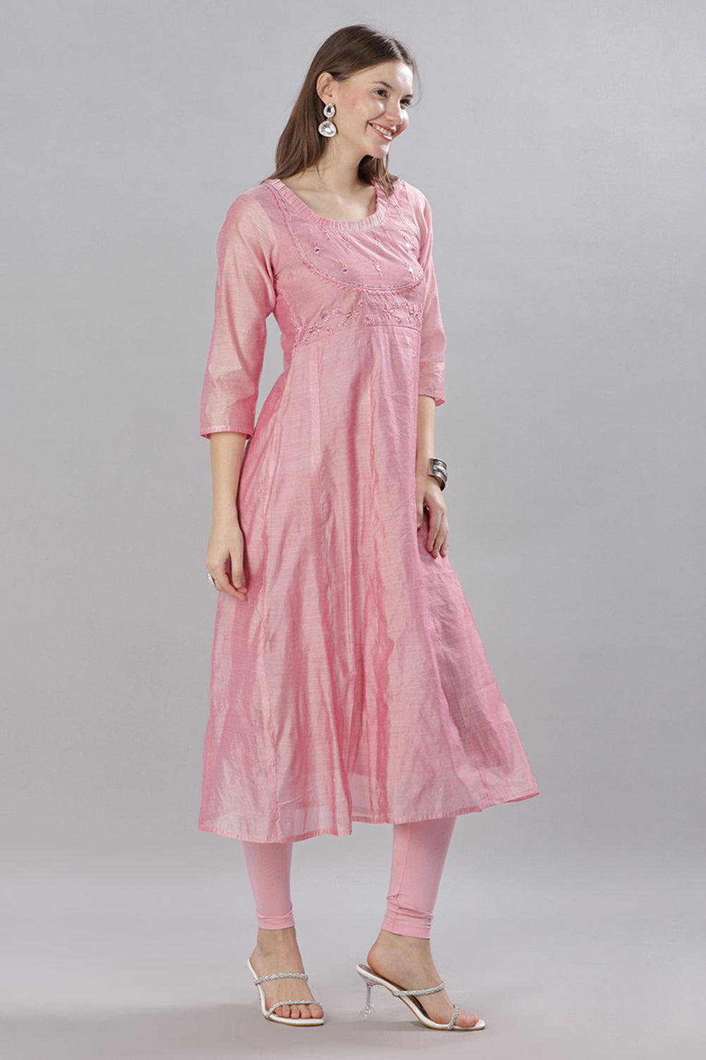 Mythri Round Neck With Pleat Detail Anarkali Kurta With 3/4 Sleeves  - Light Pink - KU55