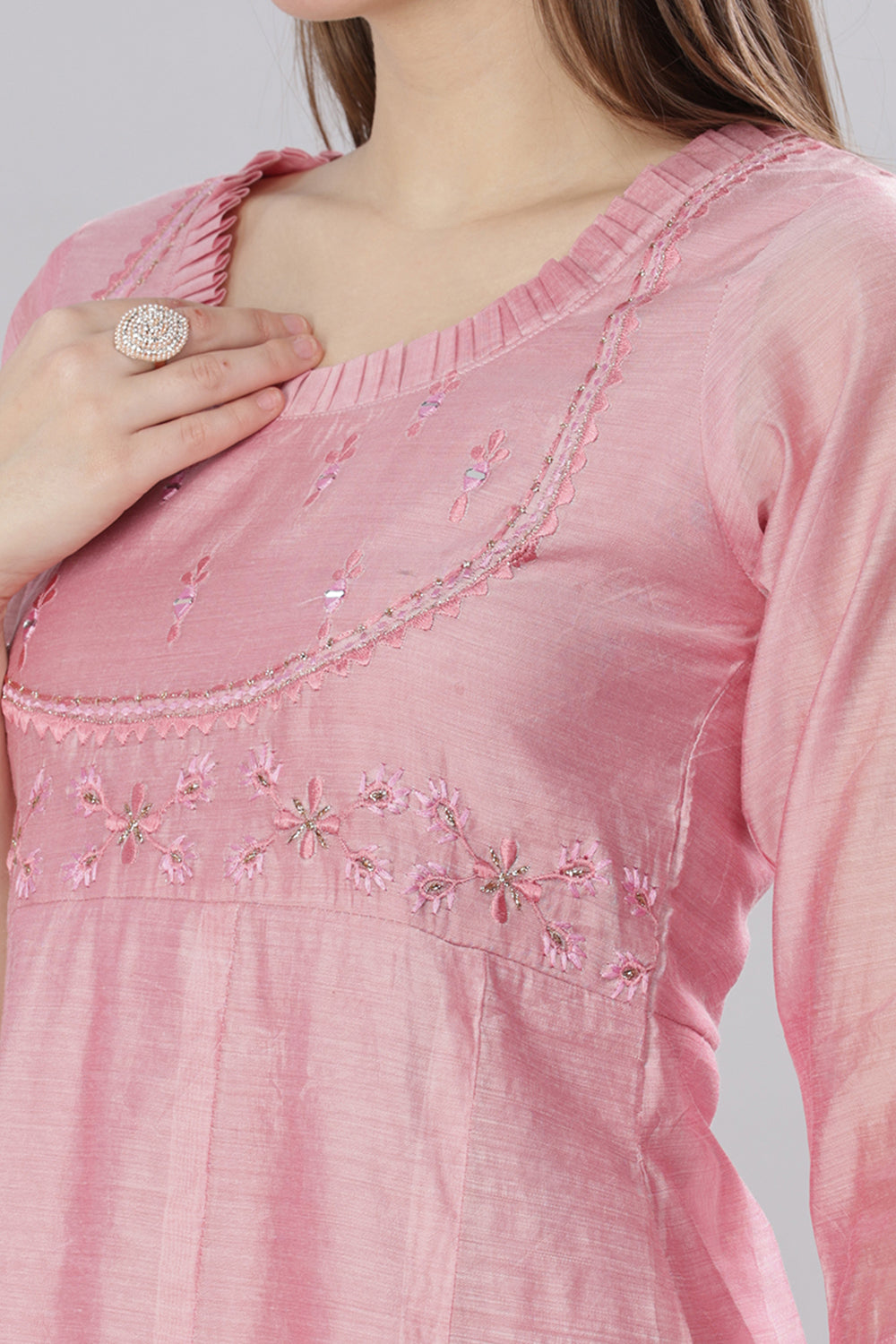 Mythri Round Neck With Pleat Detail Anarkali Kurta With 3/4 Sleeves  - Light Pink - KU55