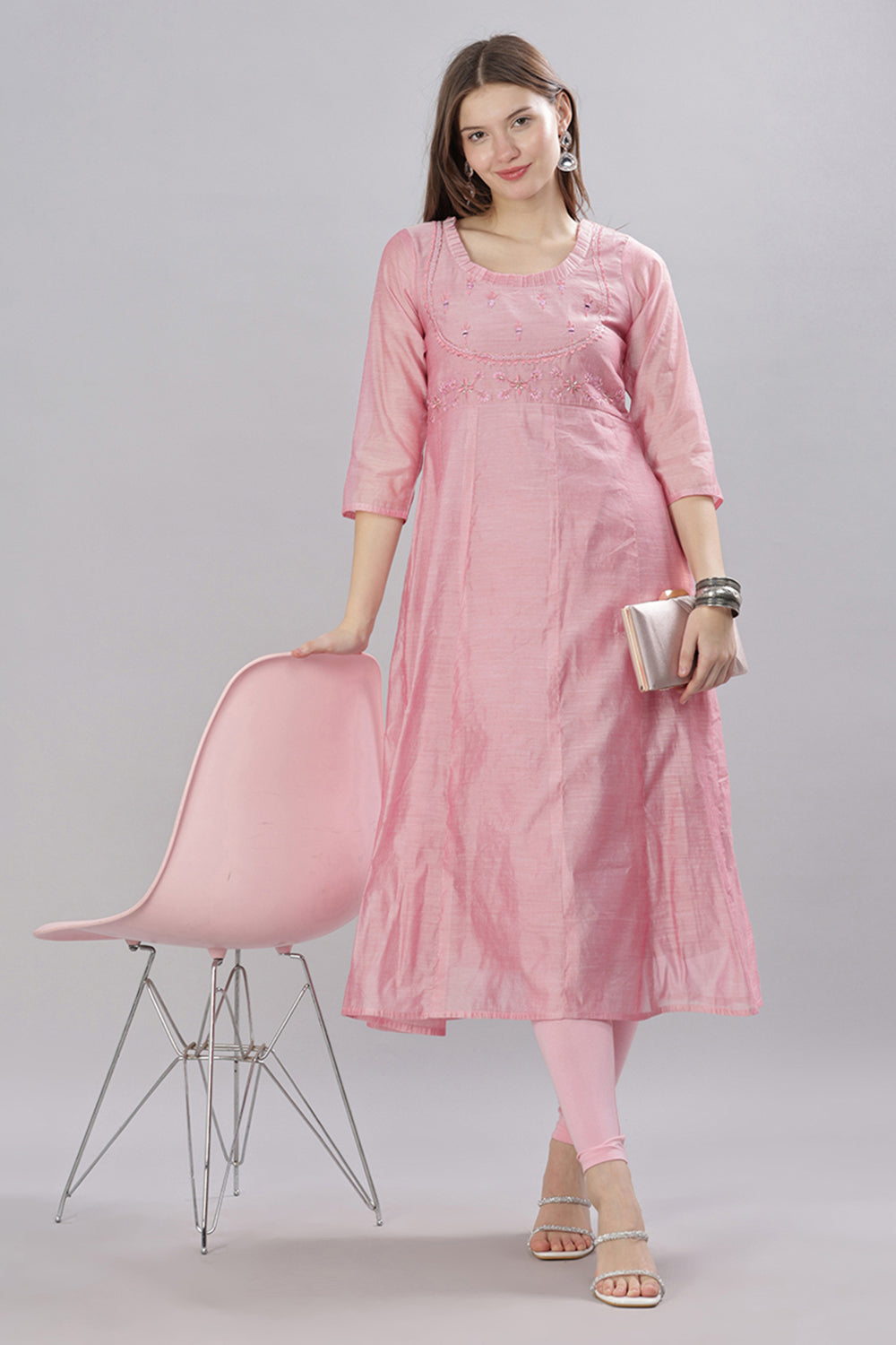 Mythri Round Neck With Pleat Detail Anarkali Kurta With 3/4 Sleeves  - Light Pink - KU55