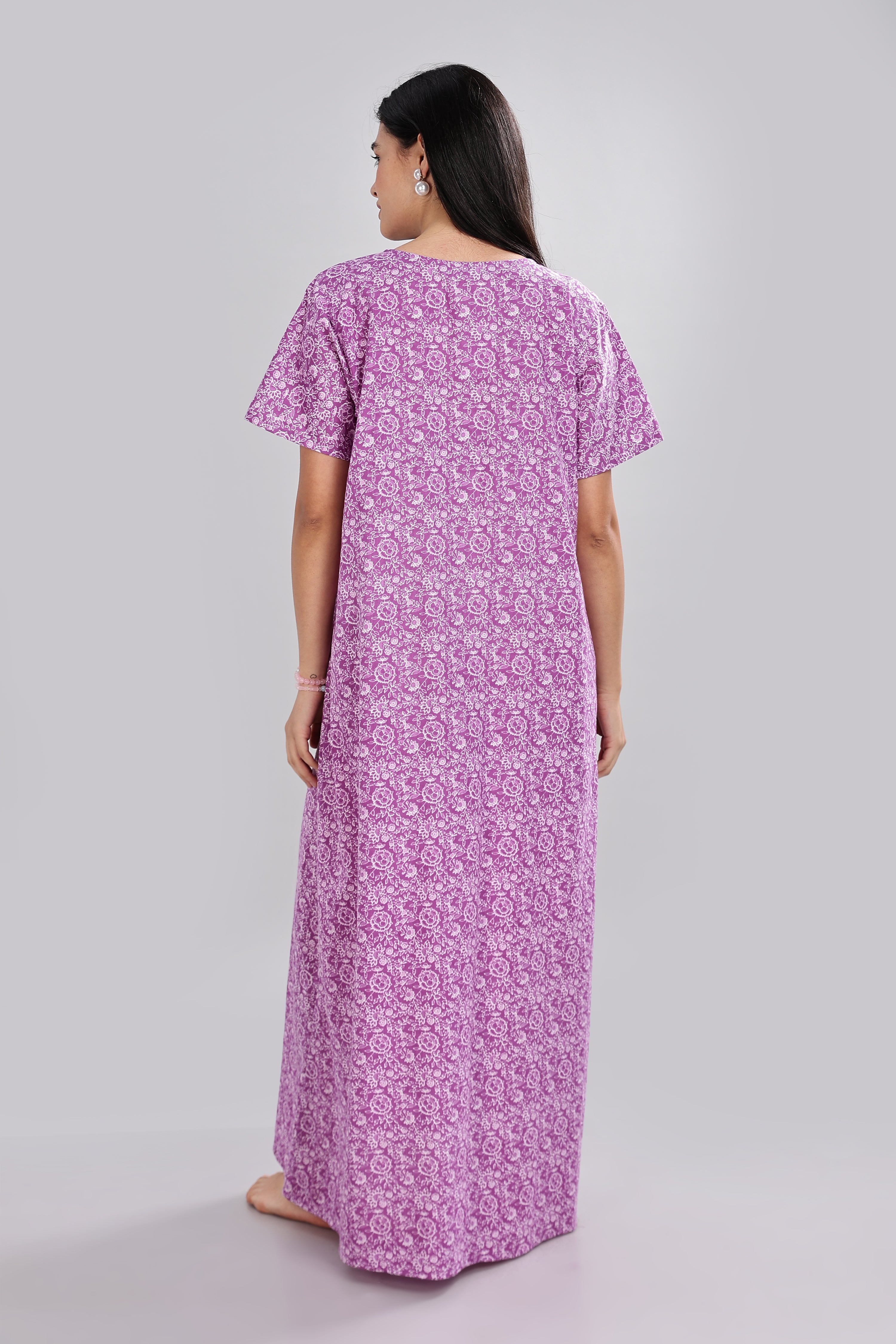 Naidu Hall Women's Cotton Nighty – Round Neck with V Tie-Up, Printed, Half Sleeves & Full Length  - Purple - T413