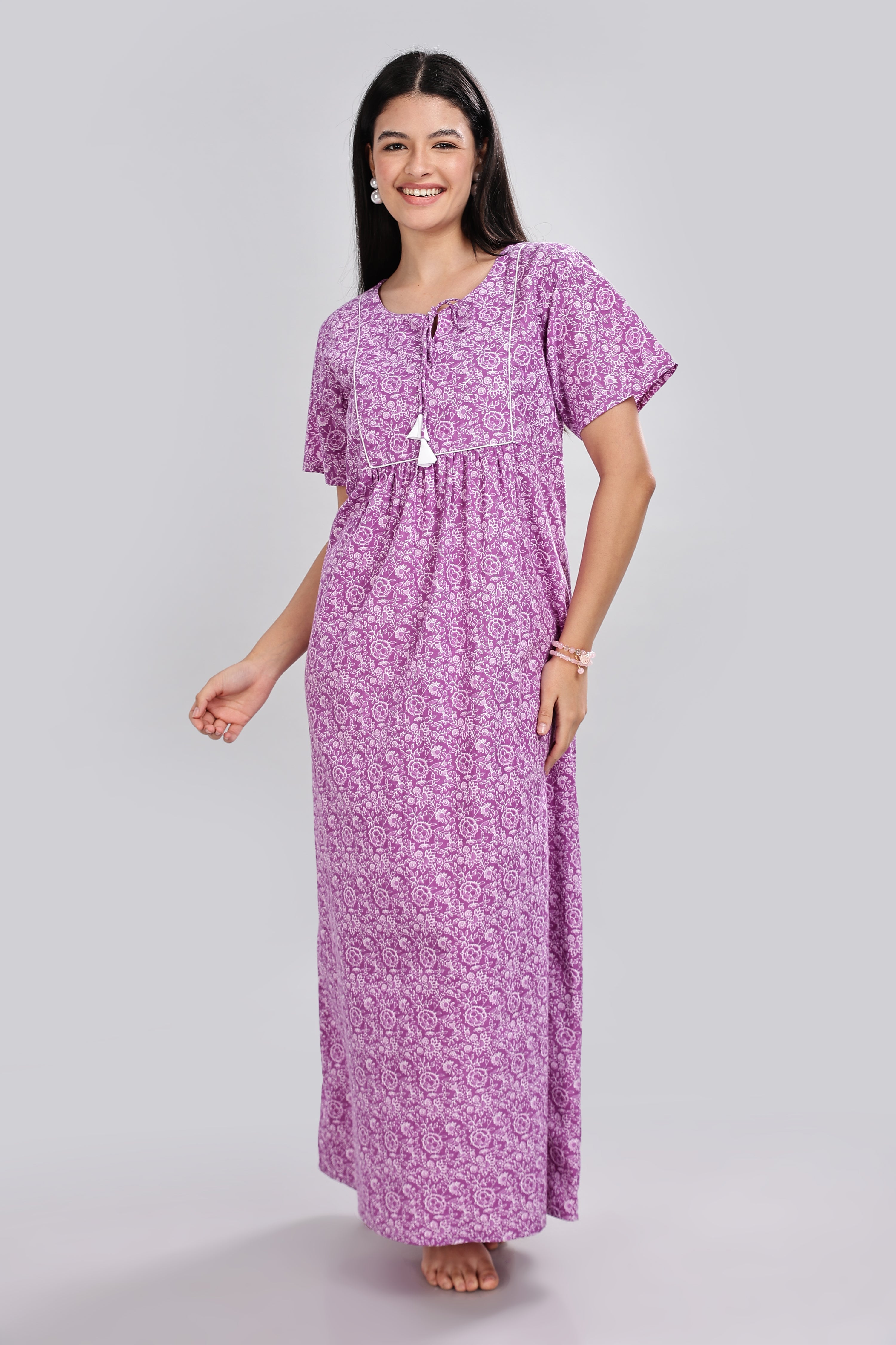 Naidu Hall Women's Cotton Nighty – Round Neck with V Tie-Up, Printed, Half Sleeves & Full Length  - Purple - T413