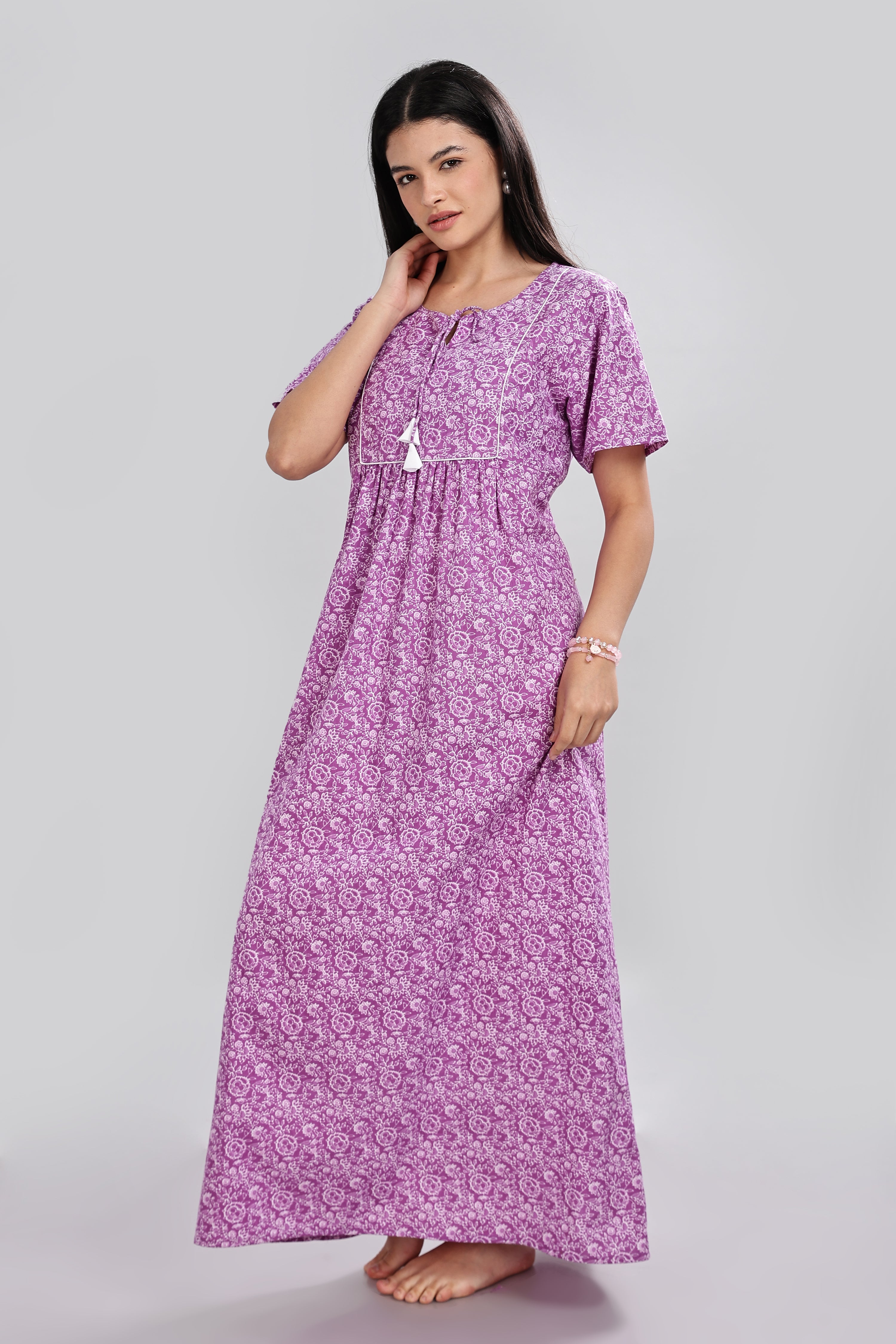 Naidu Hall Women's Cotton Nighty – Round Neck with V Tie-Up, Printed, Half Sleeves & Full Length  - Purple - T413