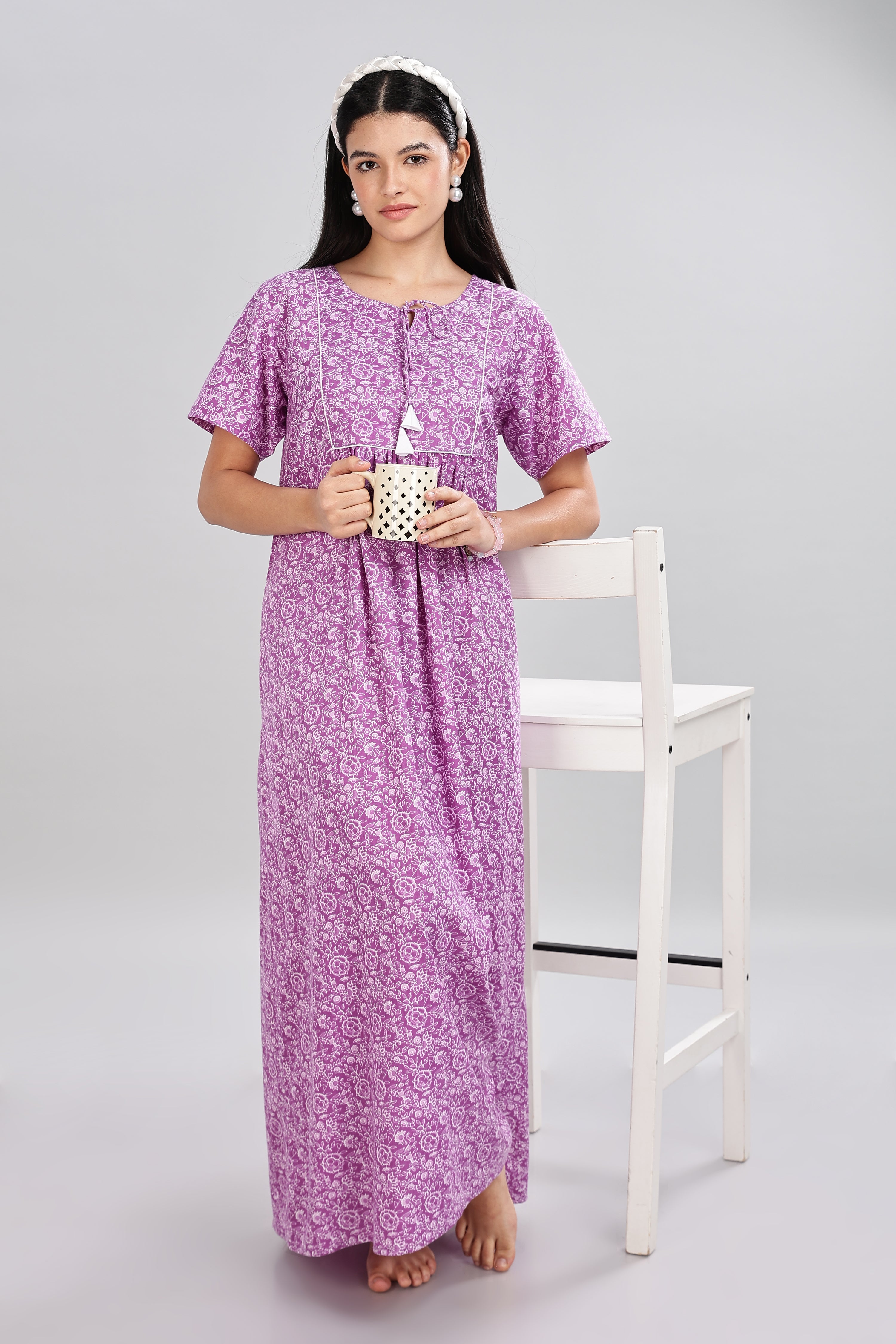 Naidu Hall Women's Cotton Nighty – Round Neck with V Tie-Up, Printed, Half Sleeves & Full Length  - Purple - T413