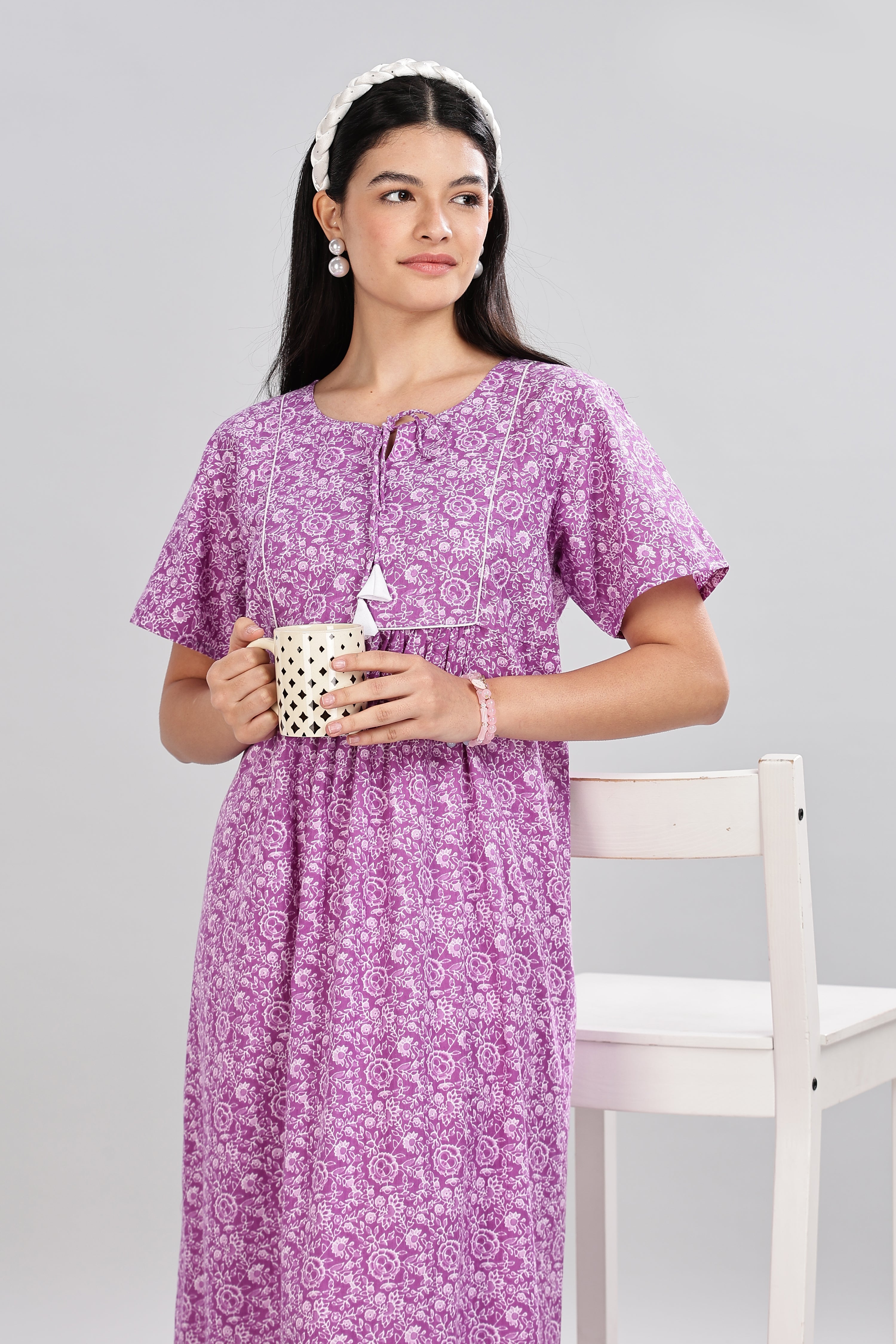 Naidu Hall Women's Cotton Nighty – Round Neck with V Tie-Up, Printed, Half Sleeves & Full Length  - Purple - T413