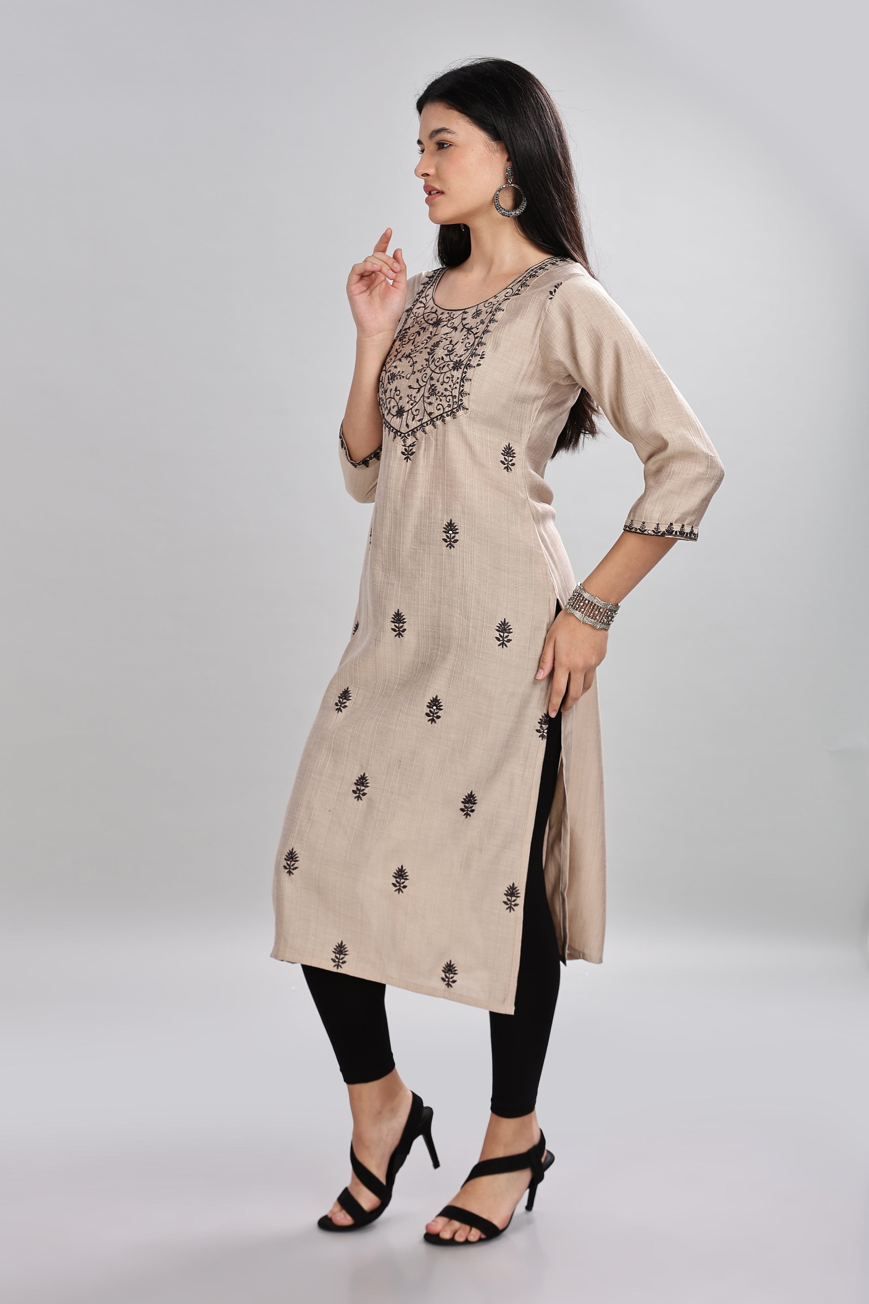 Mythri Round Neck Embroidered Kurta With 3/4th Sleeve  - Beige - KU13