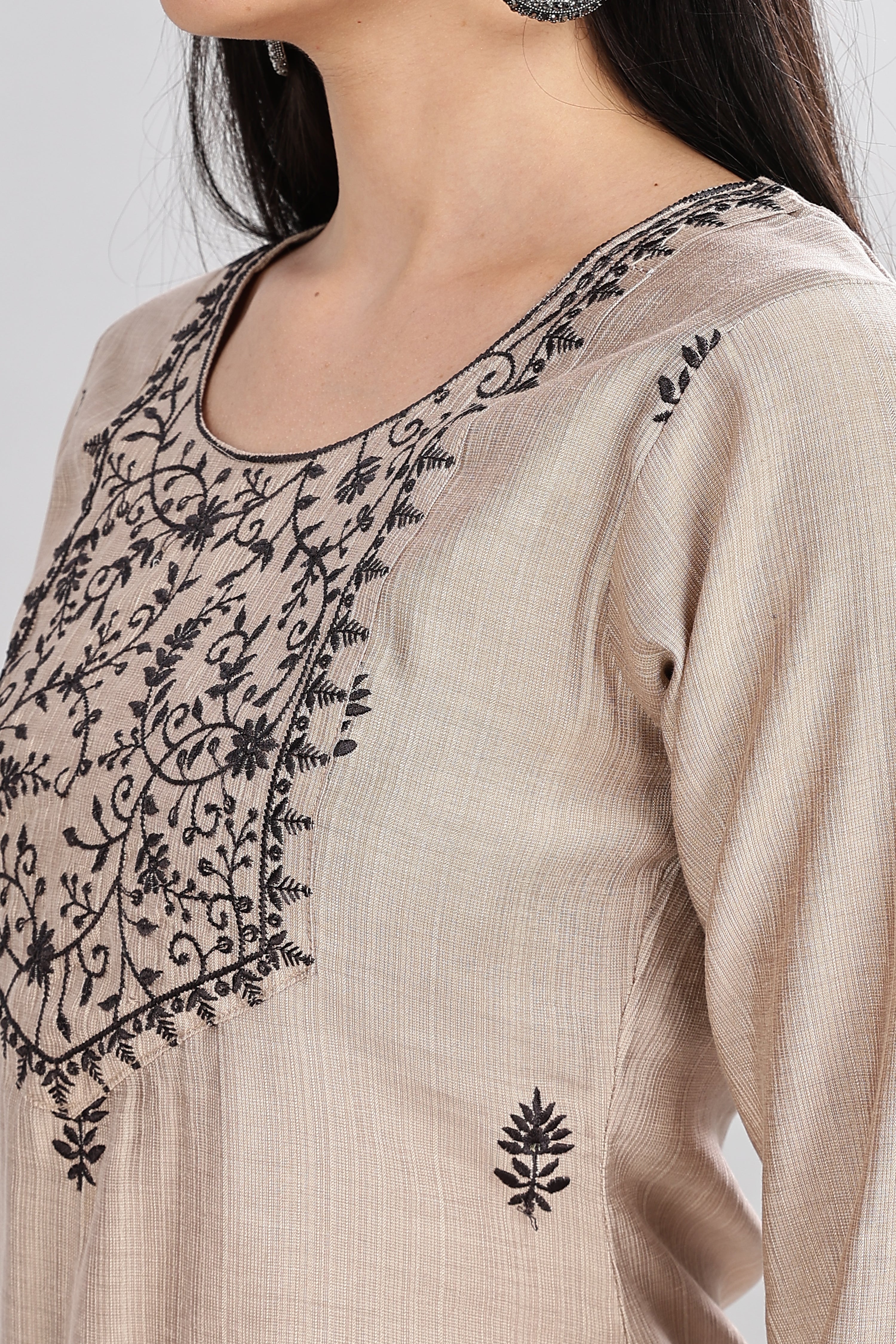 Mythri Round Neck Embroidered Kurta With 3/4th Sleeve  - Beige - KU13