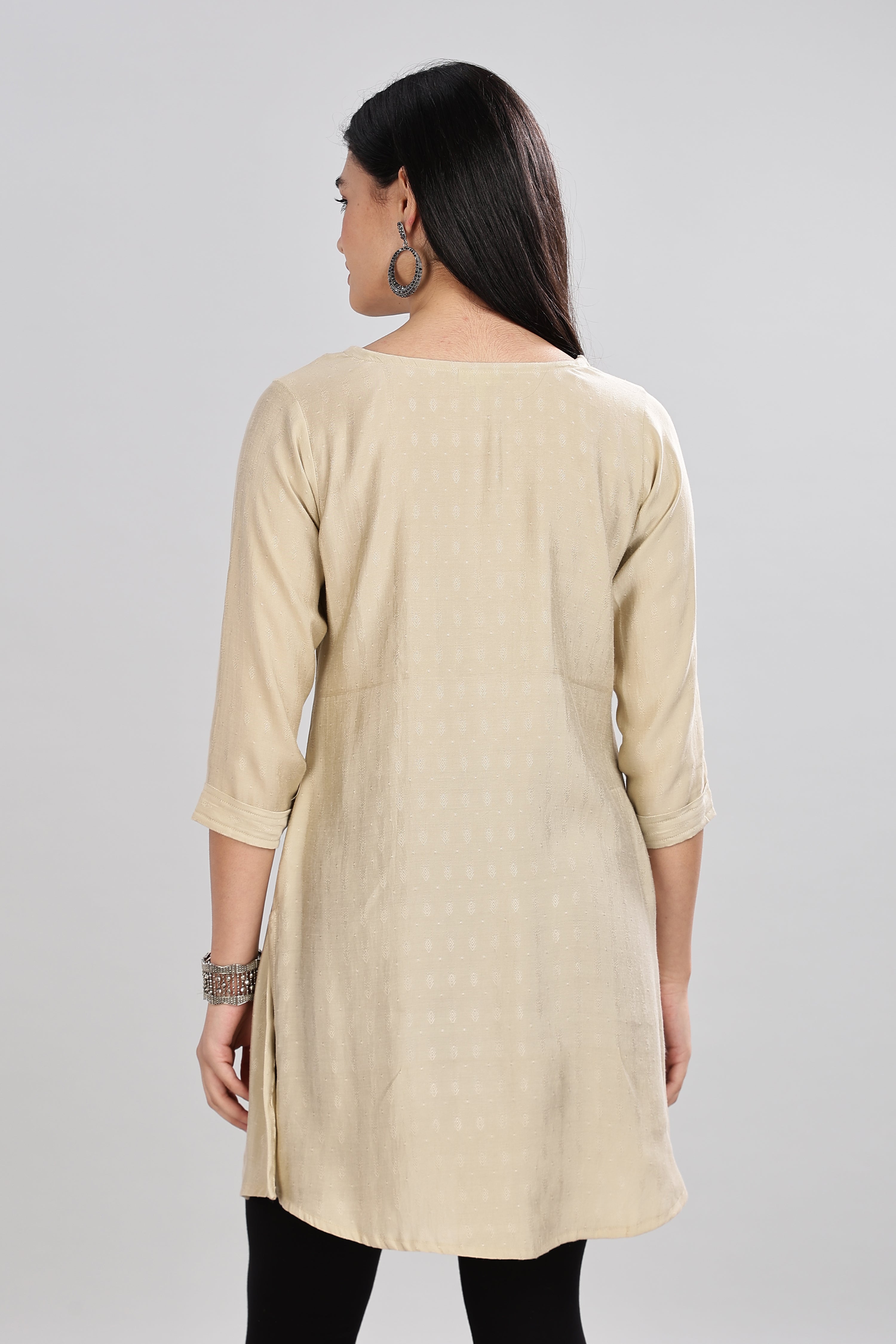 Mythri Round Neck Embroidered Top With 3/4th Sleeve  - Beige - TO16