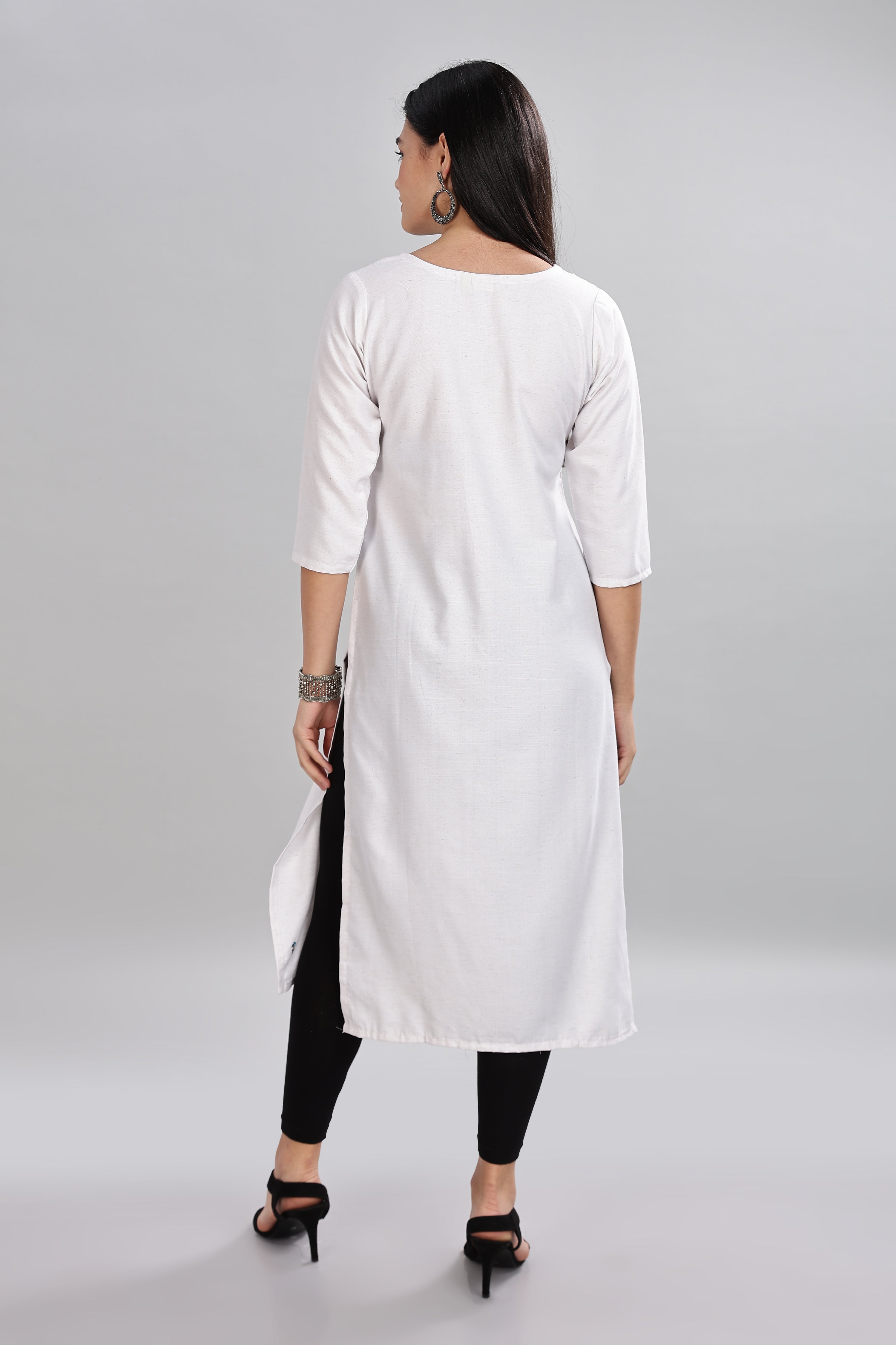 Mythri V-Neck Embroidered Kurta With 3/4th Sleeve  - White - KU15