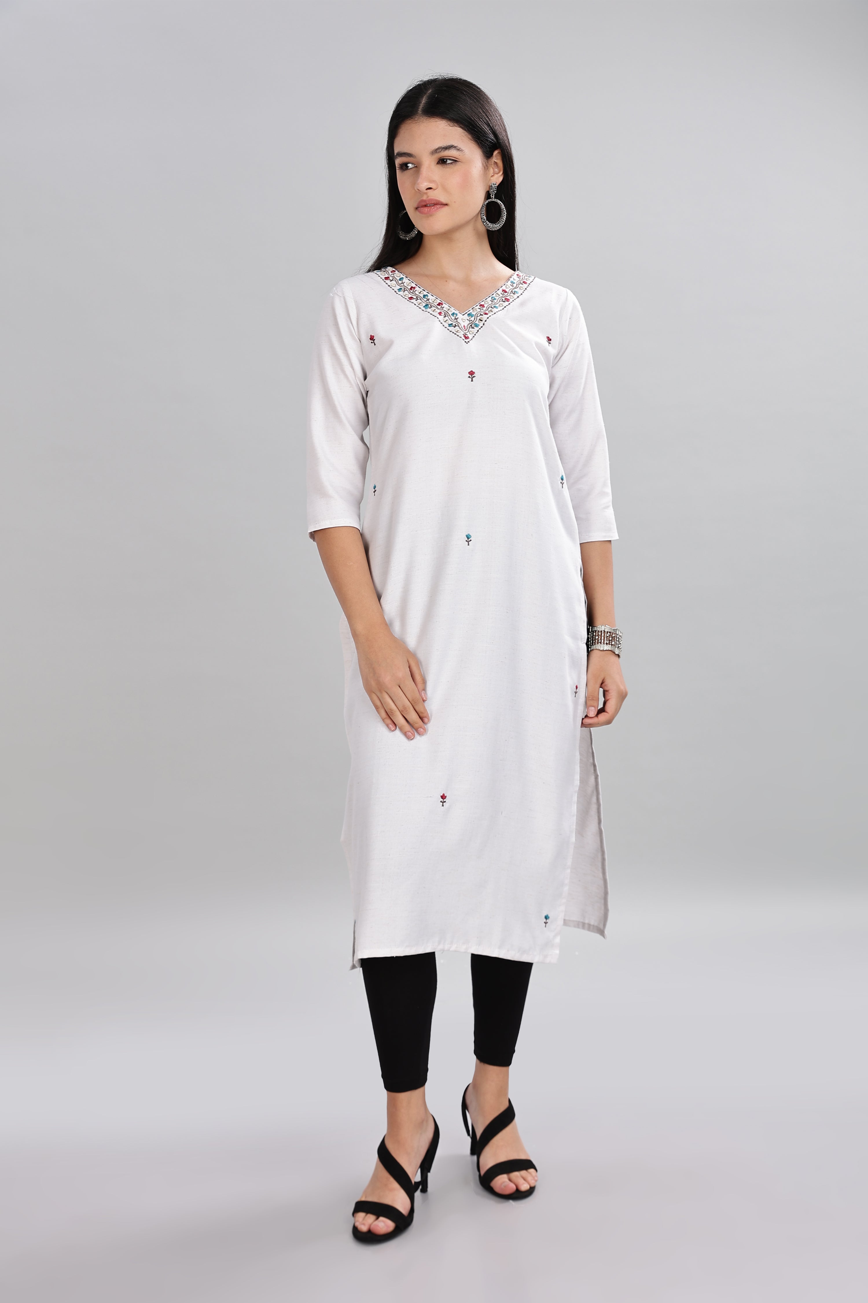 Mythri V-Neck Embroidered Kurta With 3/4th Sleeve  - White - KU15