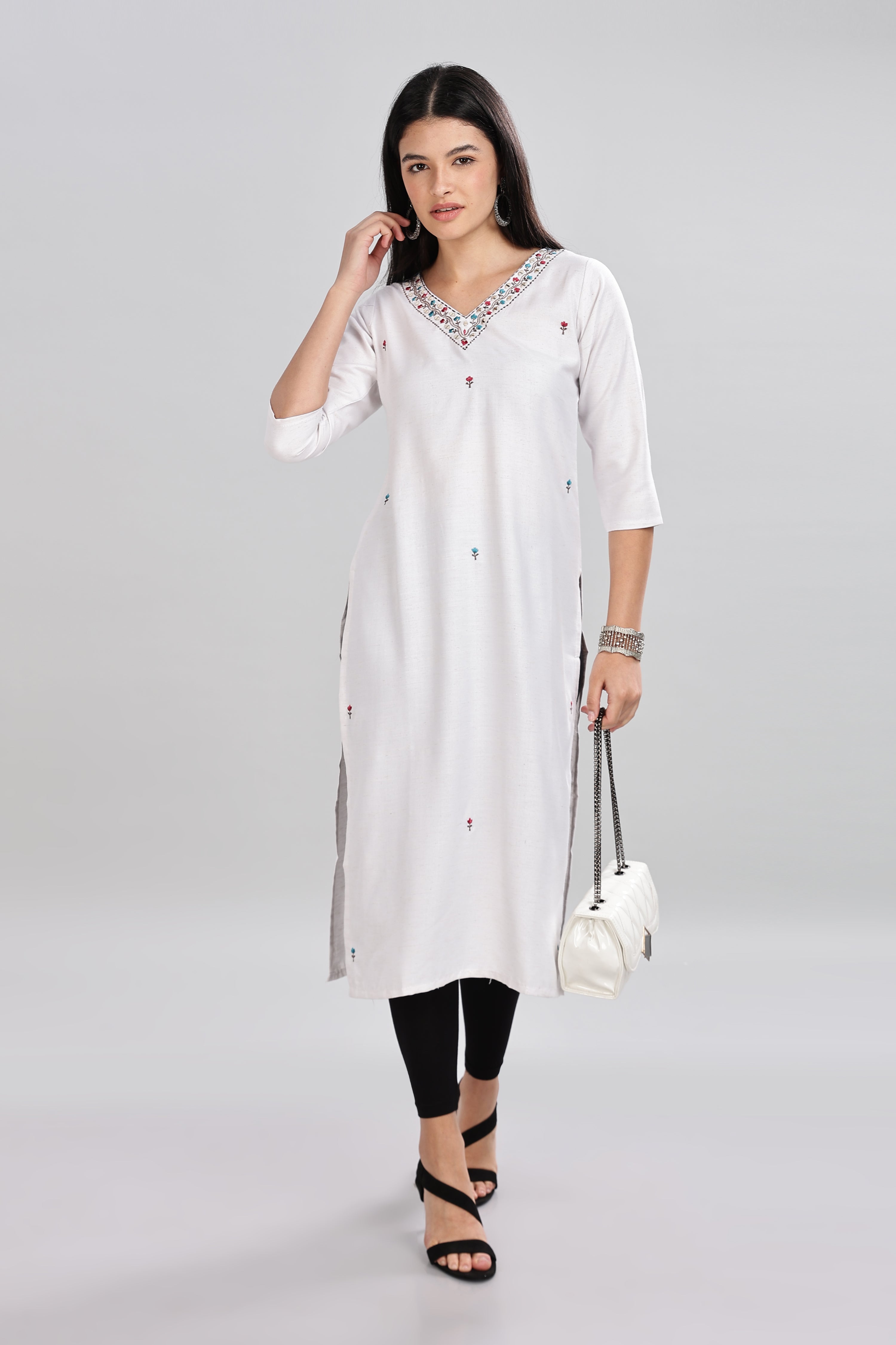 Mythri V-Neck Embroidered Kurta With 3/4th Sleeve  - White - KU15